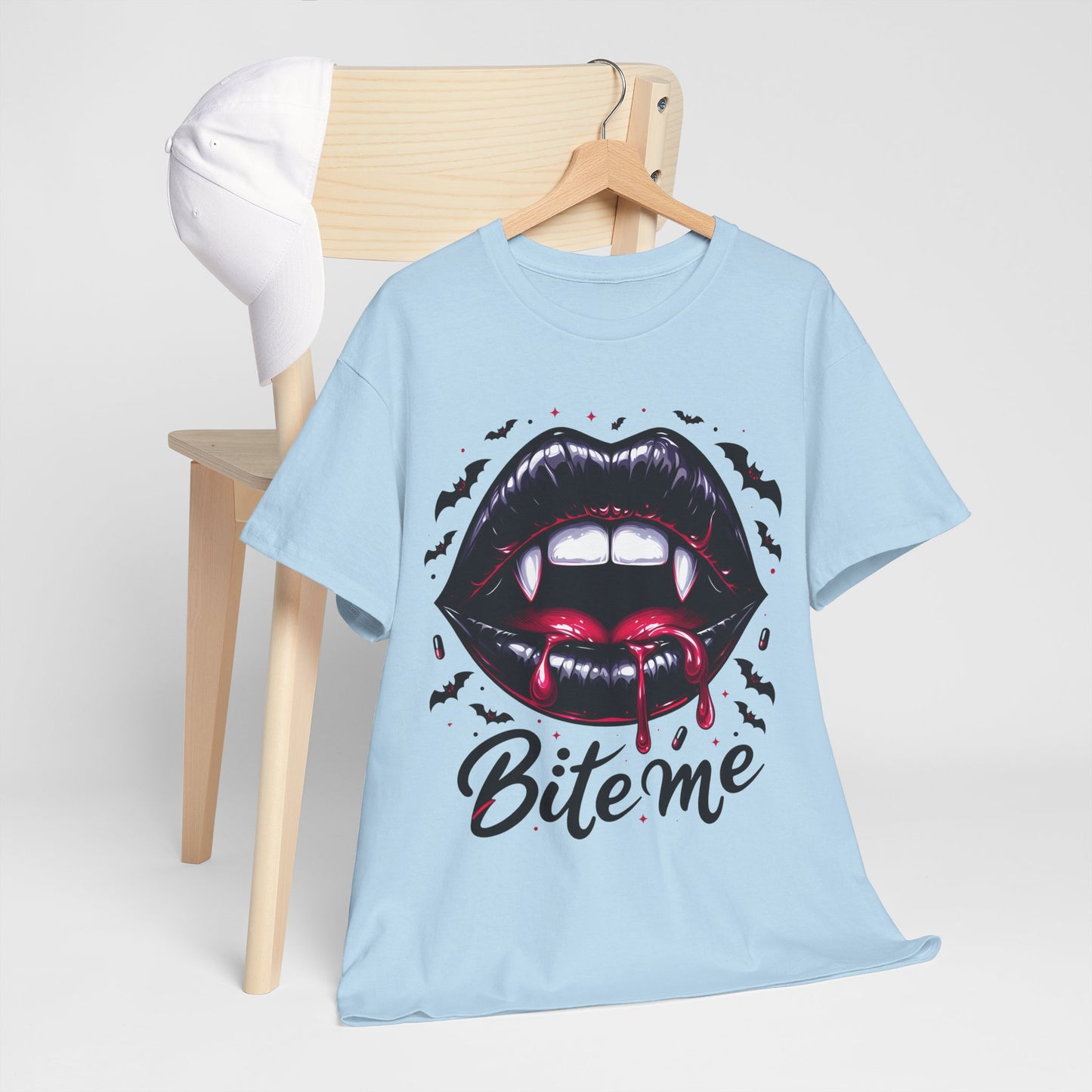 Bite Me Vampire Lips T-Shirt - Gothic Fangs & Bats Halloween Tee