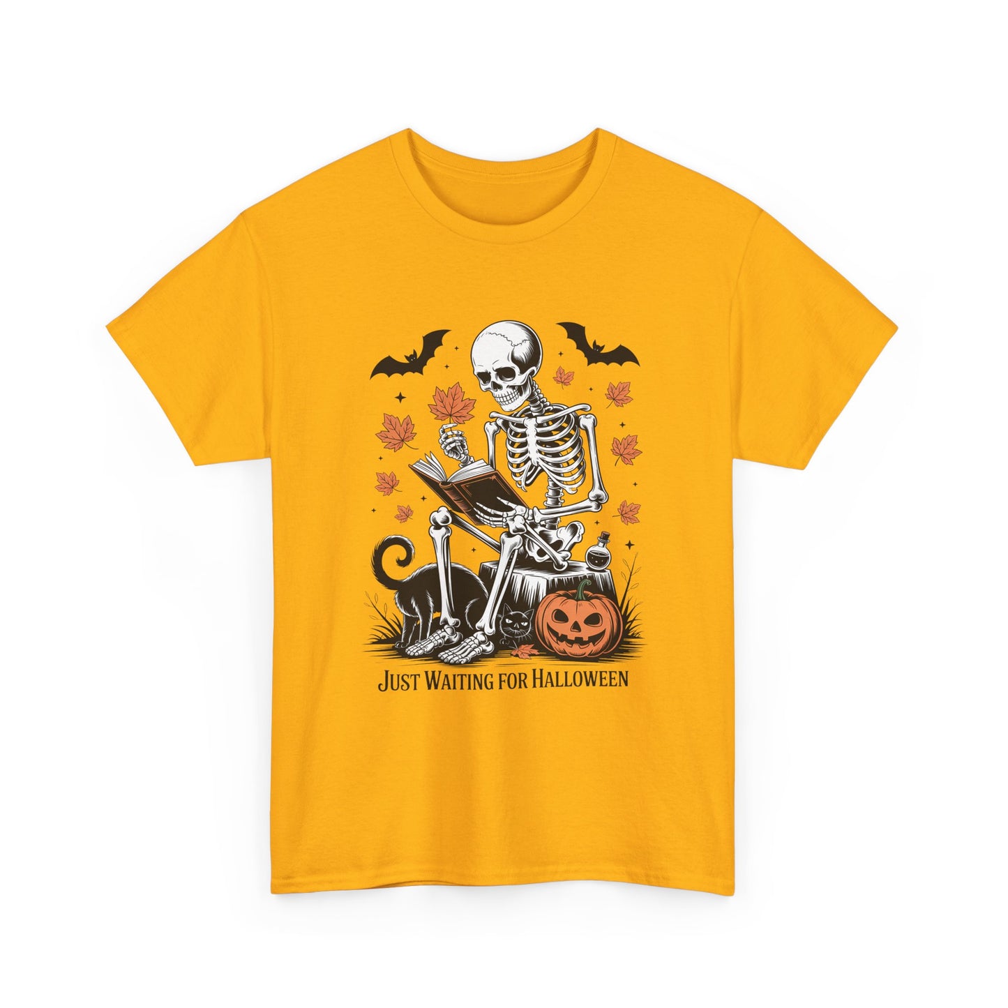 Just Waiting for Halloween T-Shirt - Cozy Spooky Skeleton Reading Tee
