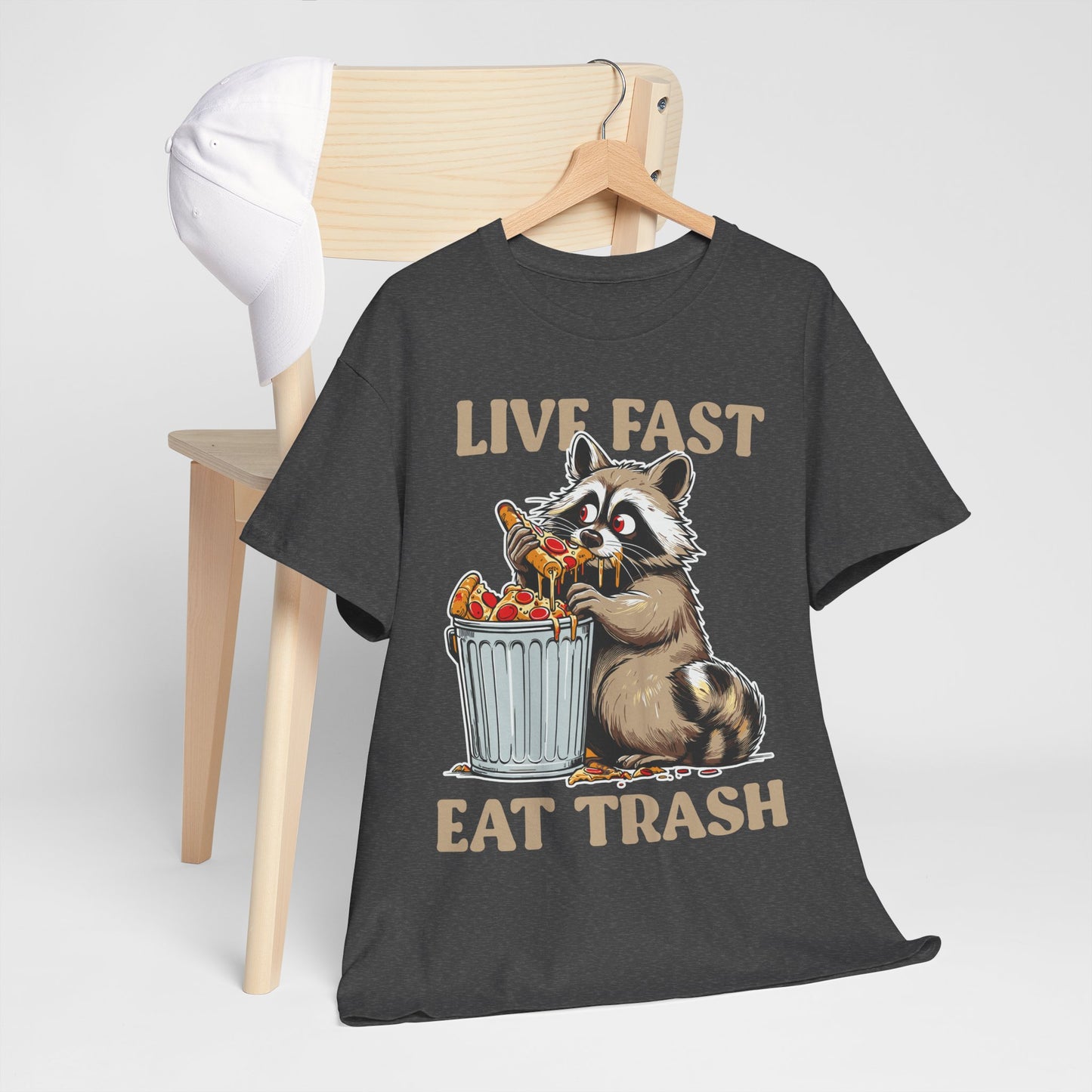 Live Fast Eat Trash Raccoon T-Shirt - Funny Pizza Meme Tee