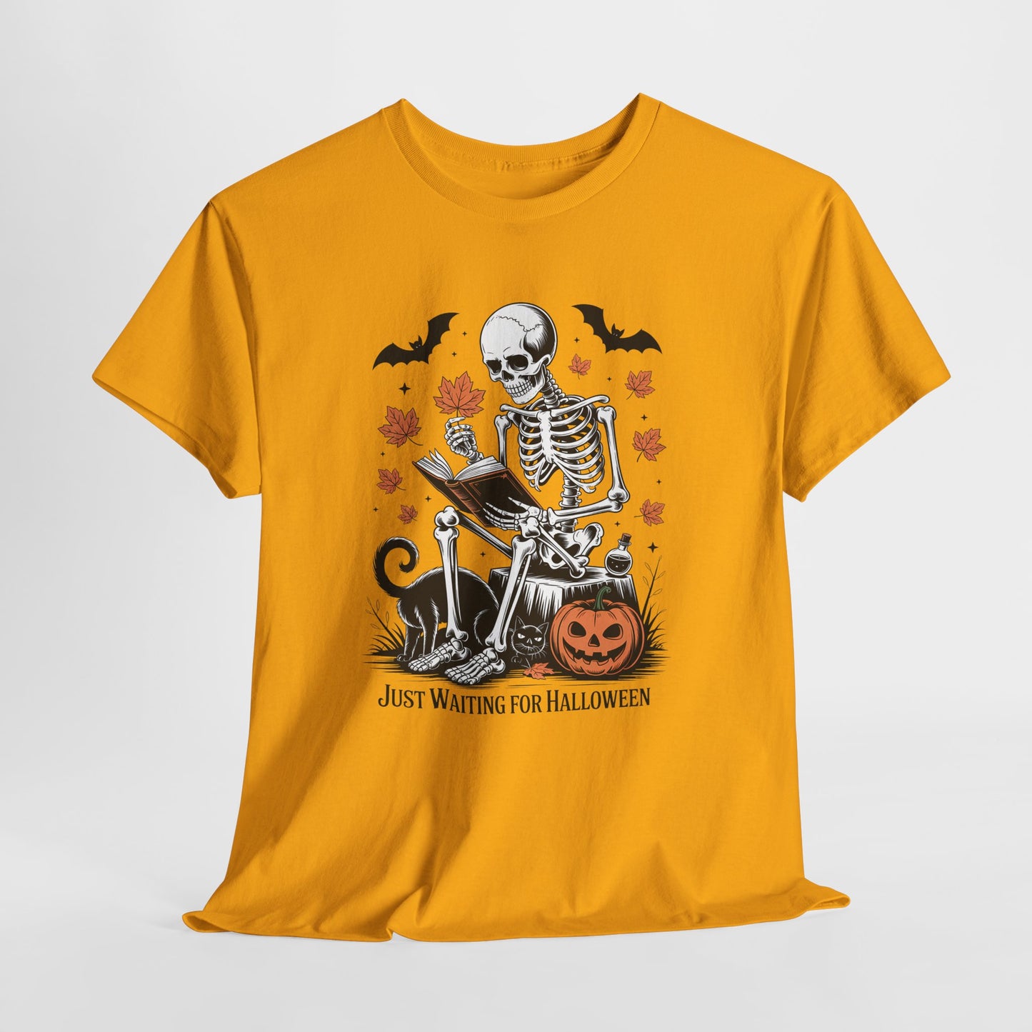 Just Waiting for Halloween T-Shirt - Cozy Spooky Skeleton Reading Tee