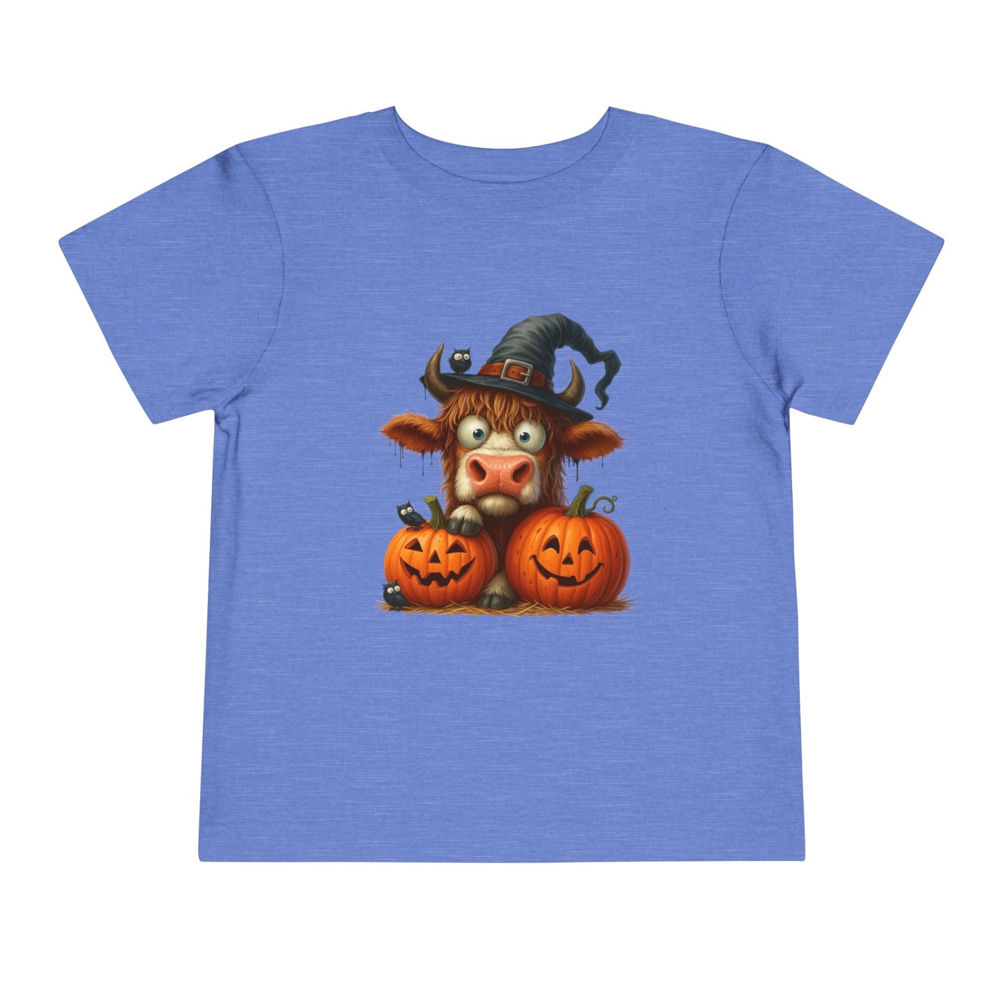 Cute Highland Cow Kids T-Shirt - Witch Hat & Pumpkins Toddler Tee