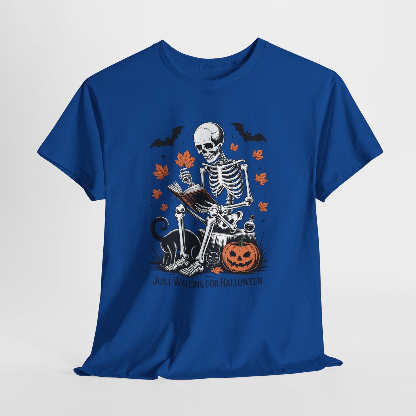 Just Waiting for Halloween T-Shirt - Cozy Spooky Skeleton Reading Tee