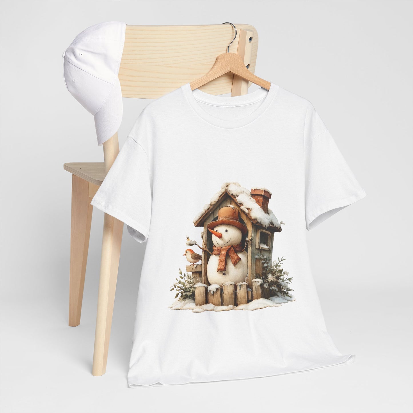 Cabin Porch Snowman Shirt - Rustic Snowman in Little House with Bird