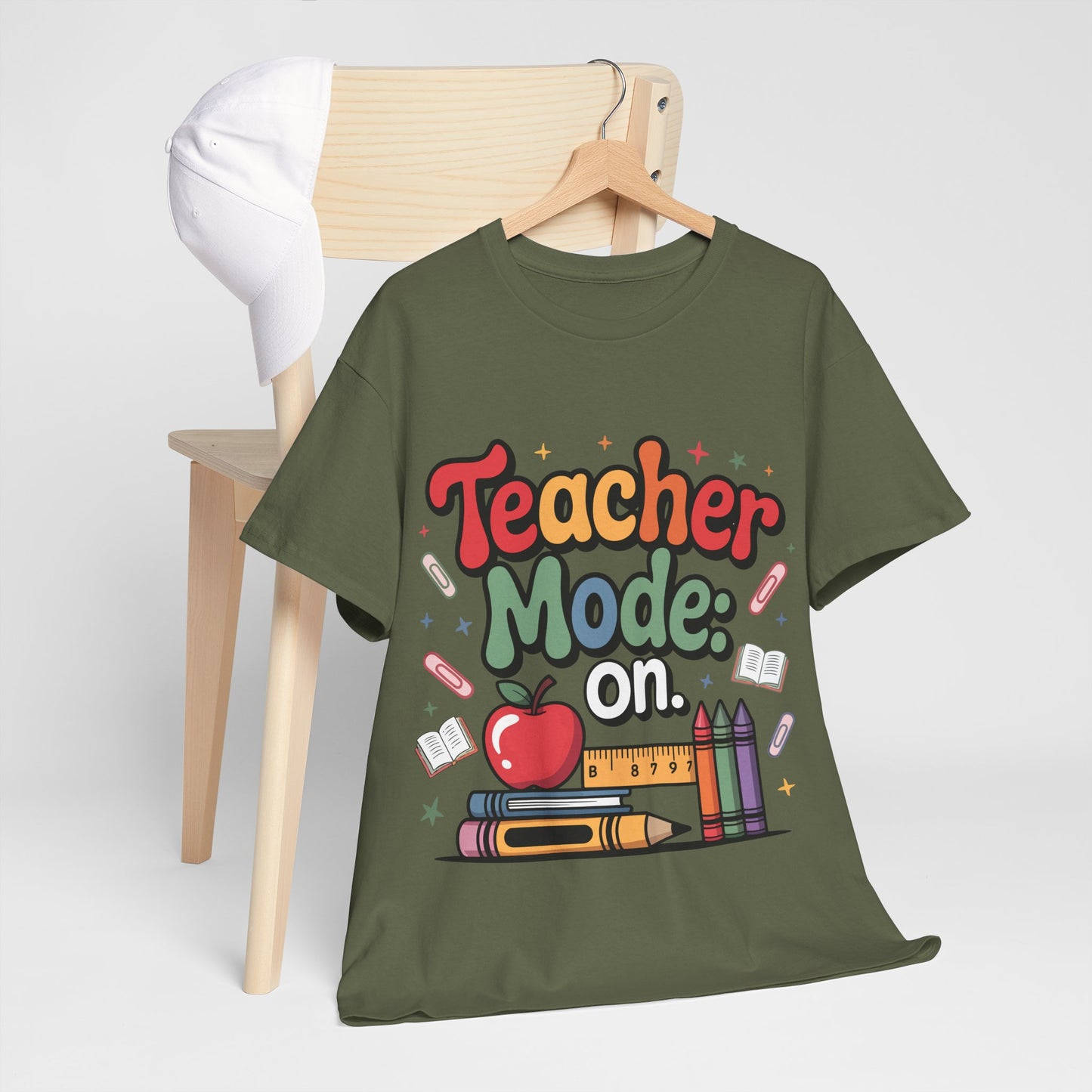 Teacher Mode On Shirt - Cute Back to School Tee with Crayons, Books & Apple, Positive Teacher Gift for Classroom Heroes