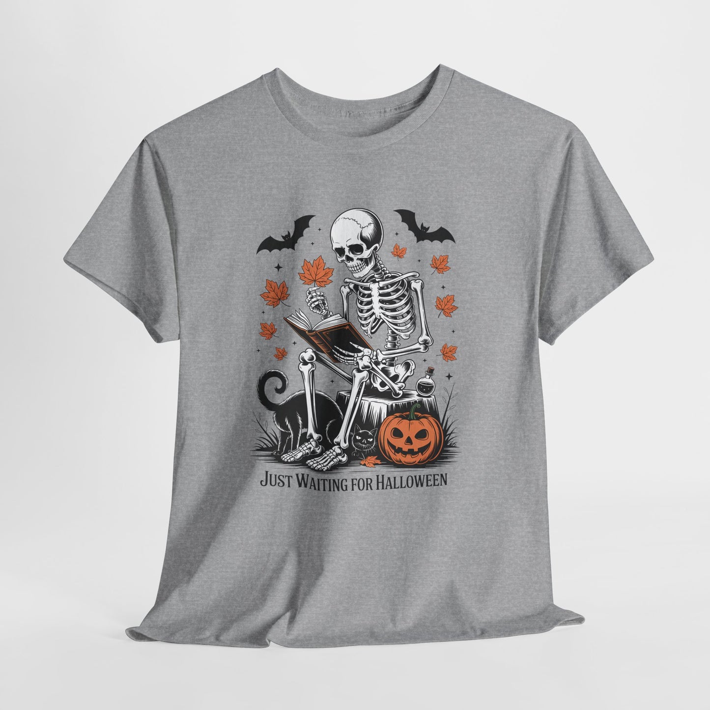 Just Waiting for Halloween T-Shirt - Cozy Spooky Skeleton Reading Tee