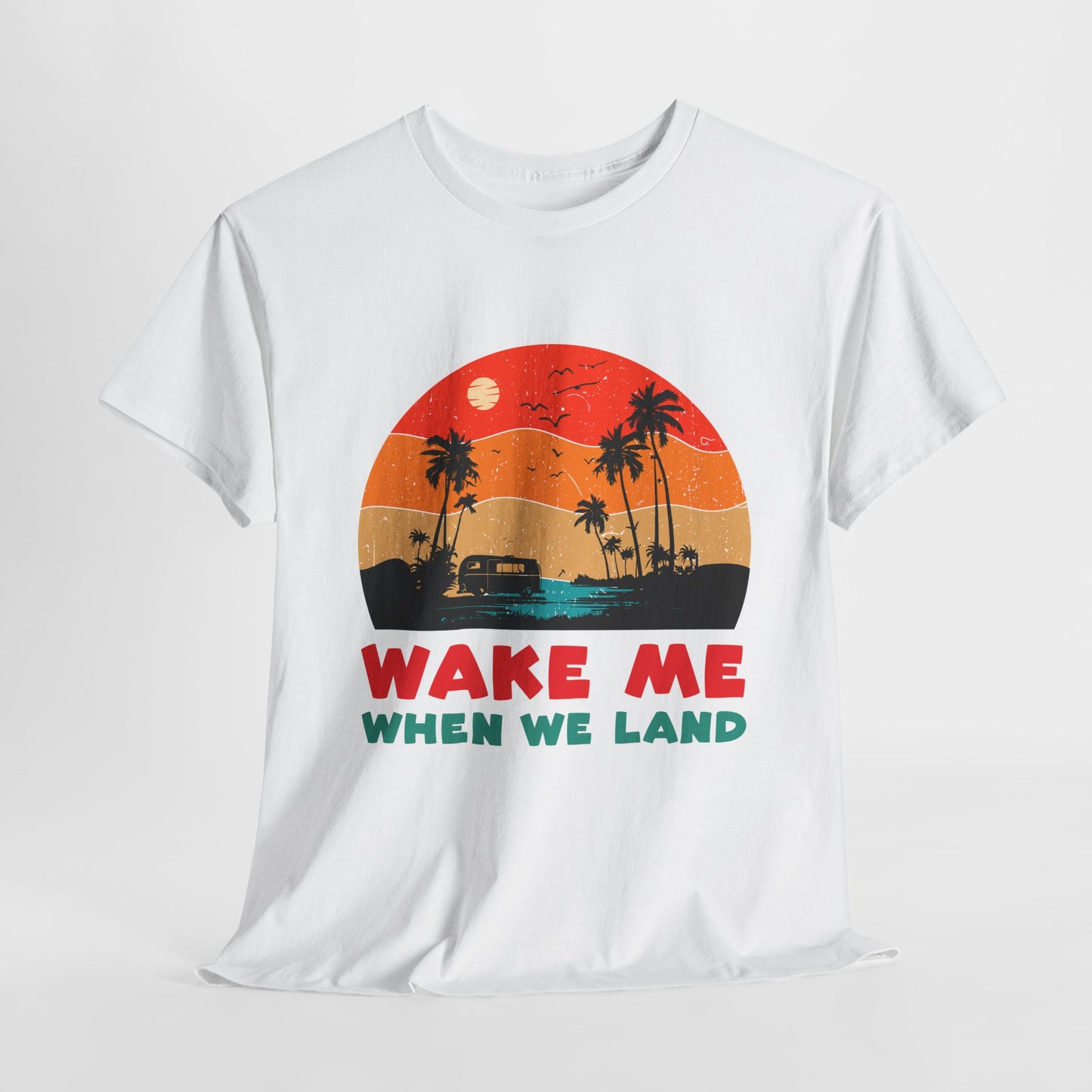 Wake Me When We Land T-Shirt - Funny Jet Lag Travel Retro Sunset Tee