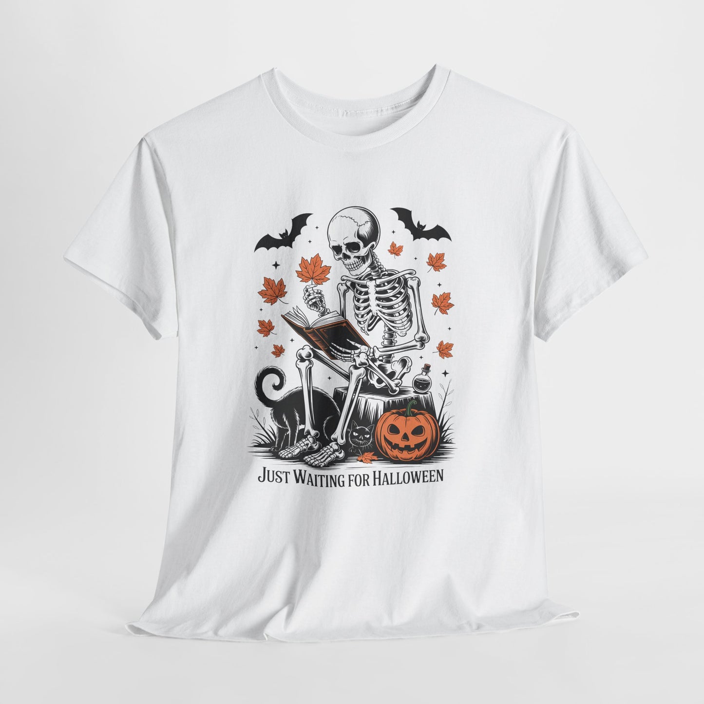 Just Waiting for Halloween T-Shirt - Cozy Spooky Skeleton Reading Tee