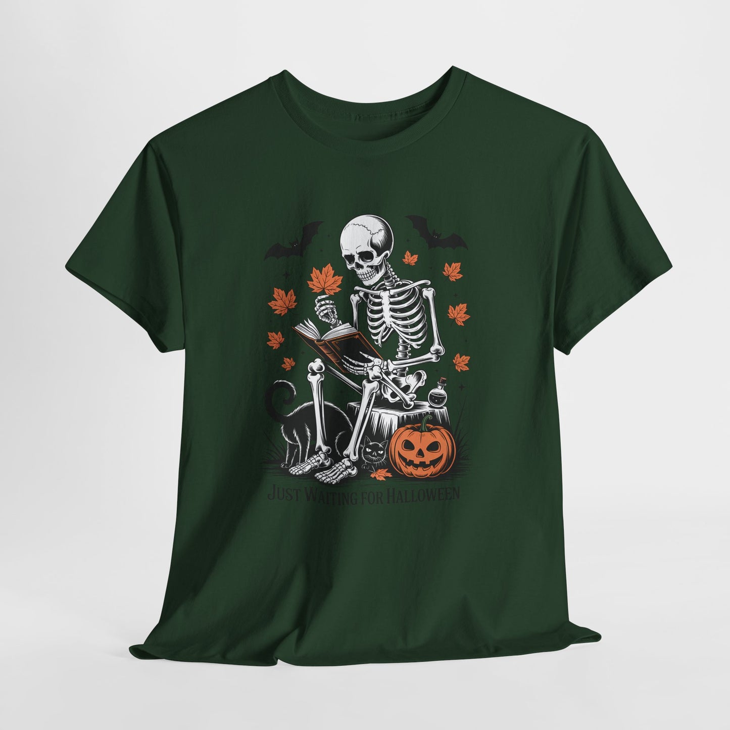 Just Waiting for Halloween T-Shirt - Cozy Spooky Skeleton Reading Tee