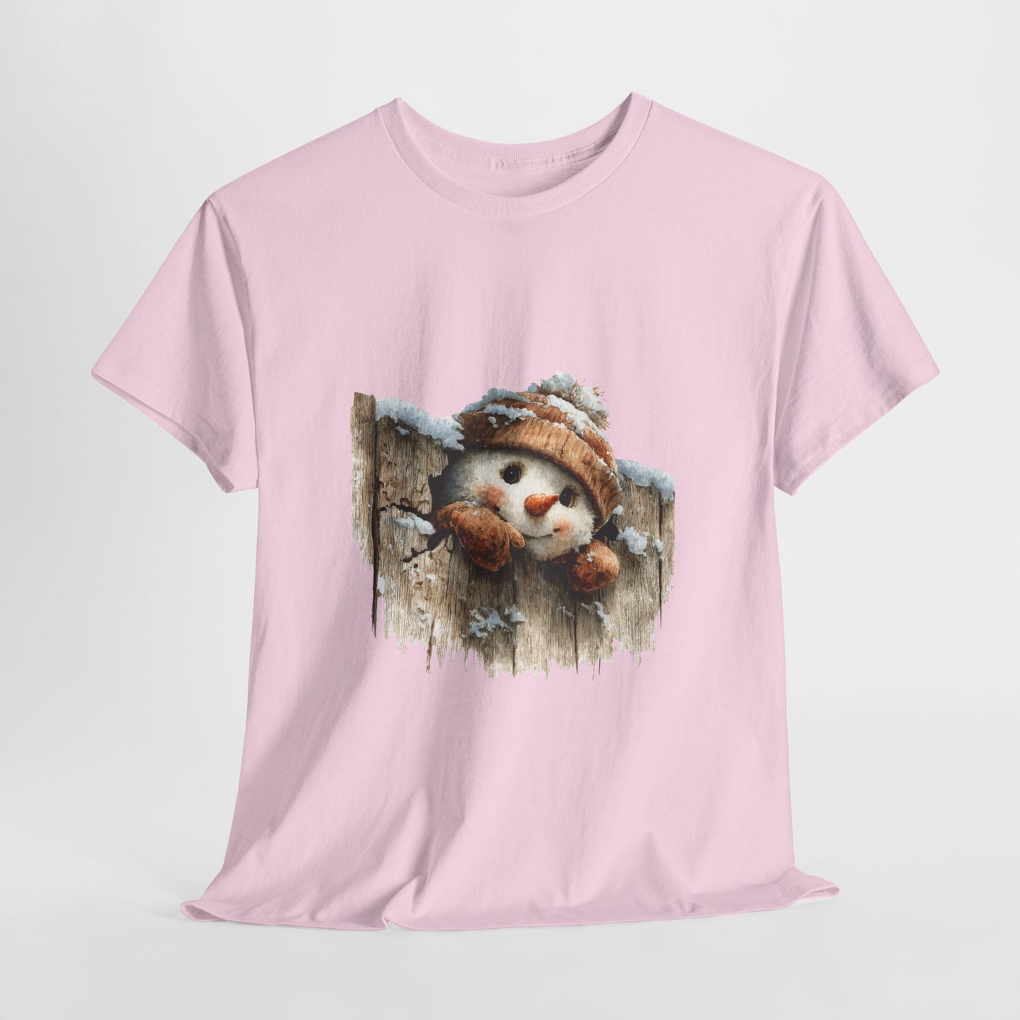 Peeking Snowman Beanie Christmas T-Shirt - Rustic Wood Fence Snowman