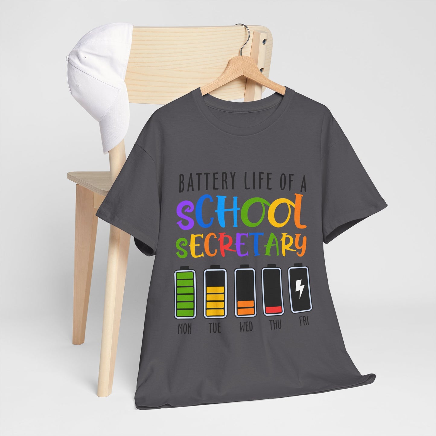 School Secretary Battery Shirt - Funny Rainbow Staff Tee for School Office Life, End of Year Exhaustion Gift for Secretaries