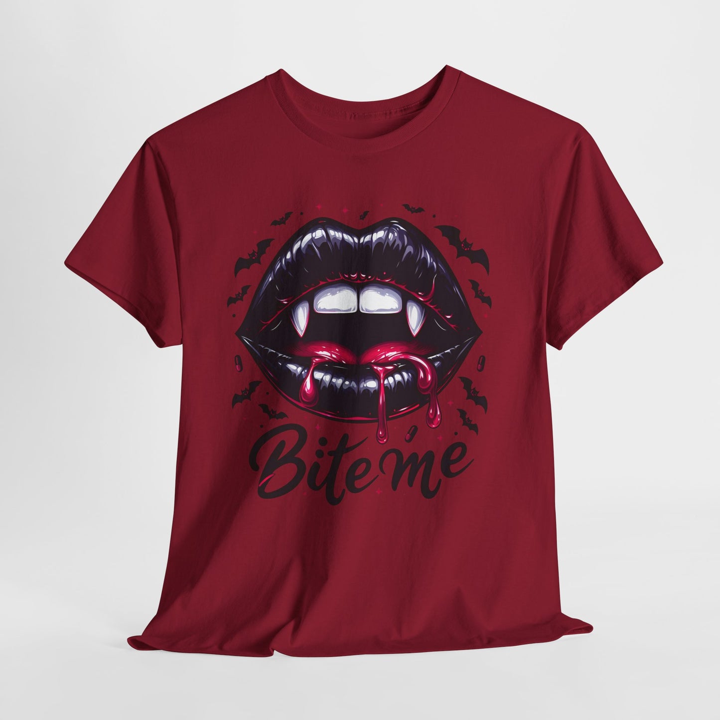 Bite Me Vampire Lips T-Shirt - Gothic Fangs & Bats Halloween Tee