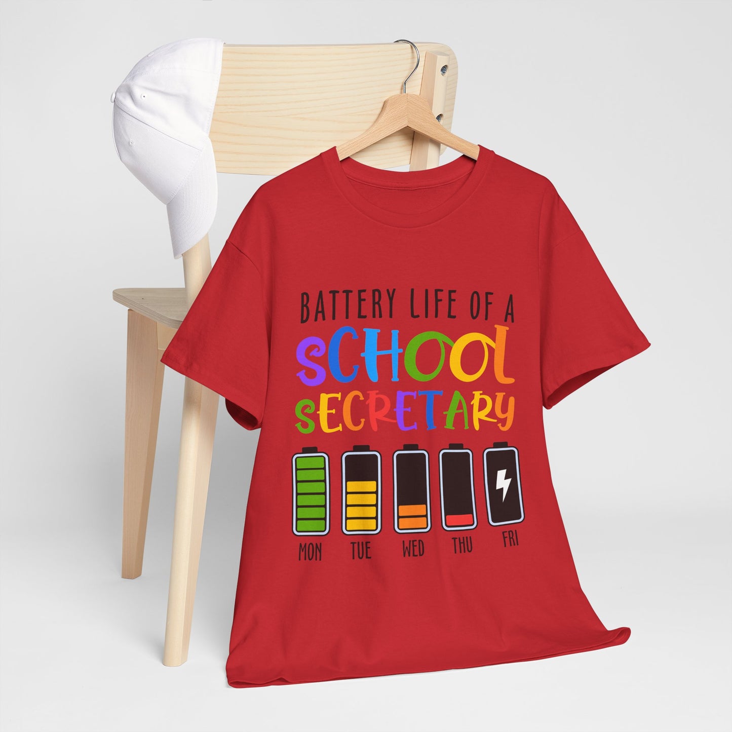 School Secretary Battery Shirt - Funny Rainbow Staff Tee for School Office Life, End of Year Exhaustion Gift for Secretaries