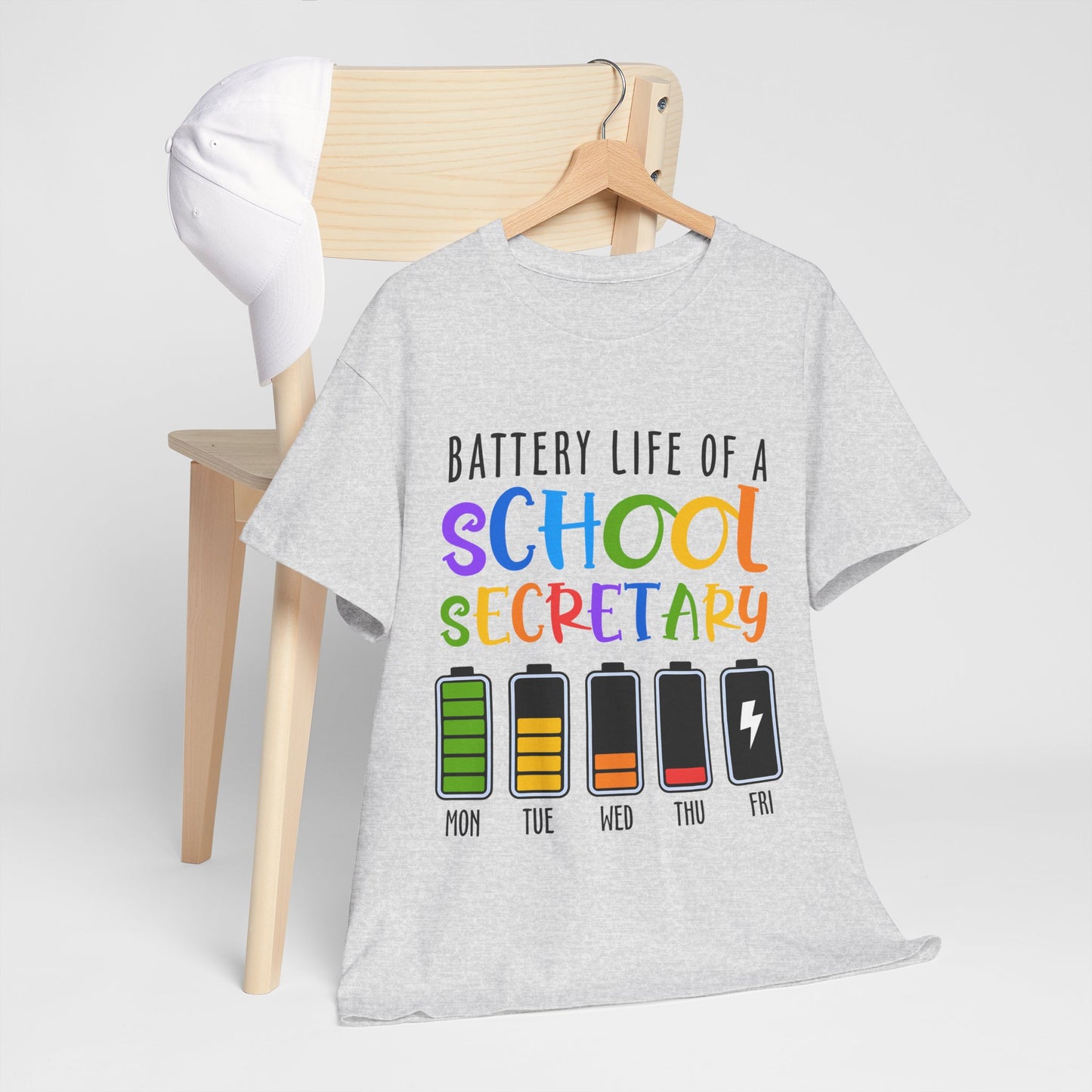 School Secretary Battery Shirt - Funny Rainbow Staff Tee for School Office Life, End of Year Exhaustion Gift for Secretaries