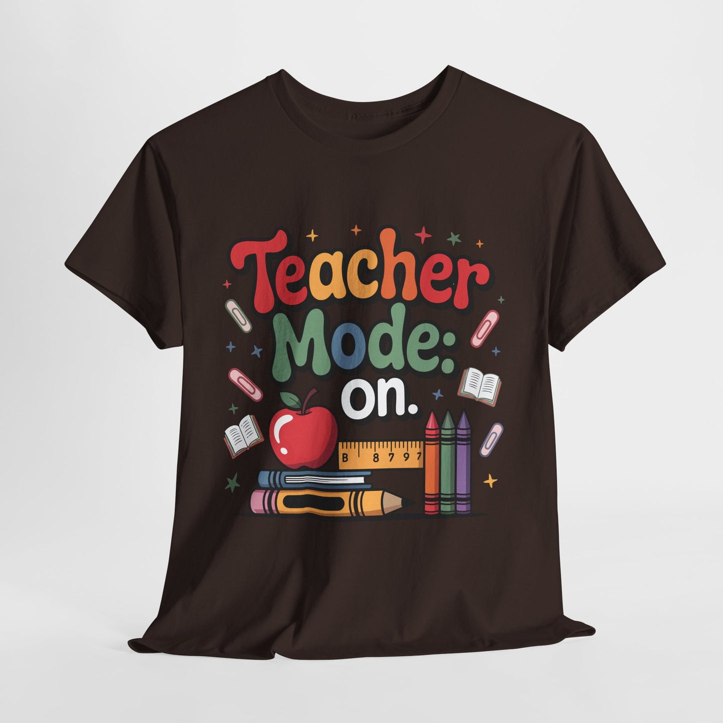 Teacher Mode On Shirt - Cute Back to School Tee with Crayons, Books & Apple, Positive Teacher Gift for Classroom Heroes