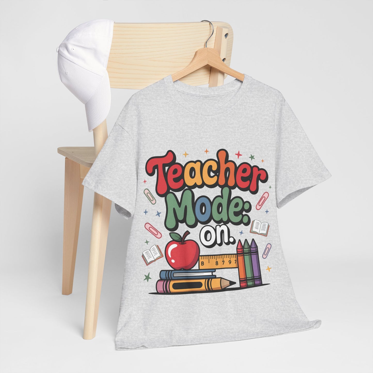 Teacher Mode On Shirt - Cute Back to School Tee with Crayons, Books & Apple, Positive Teacher Gift for Classroom Heroes