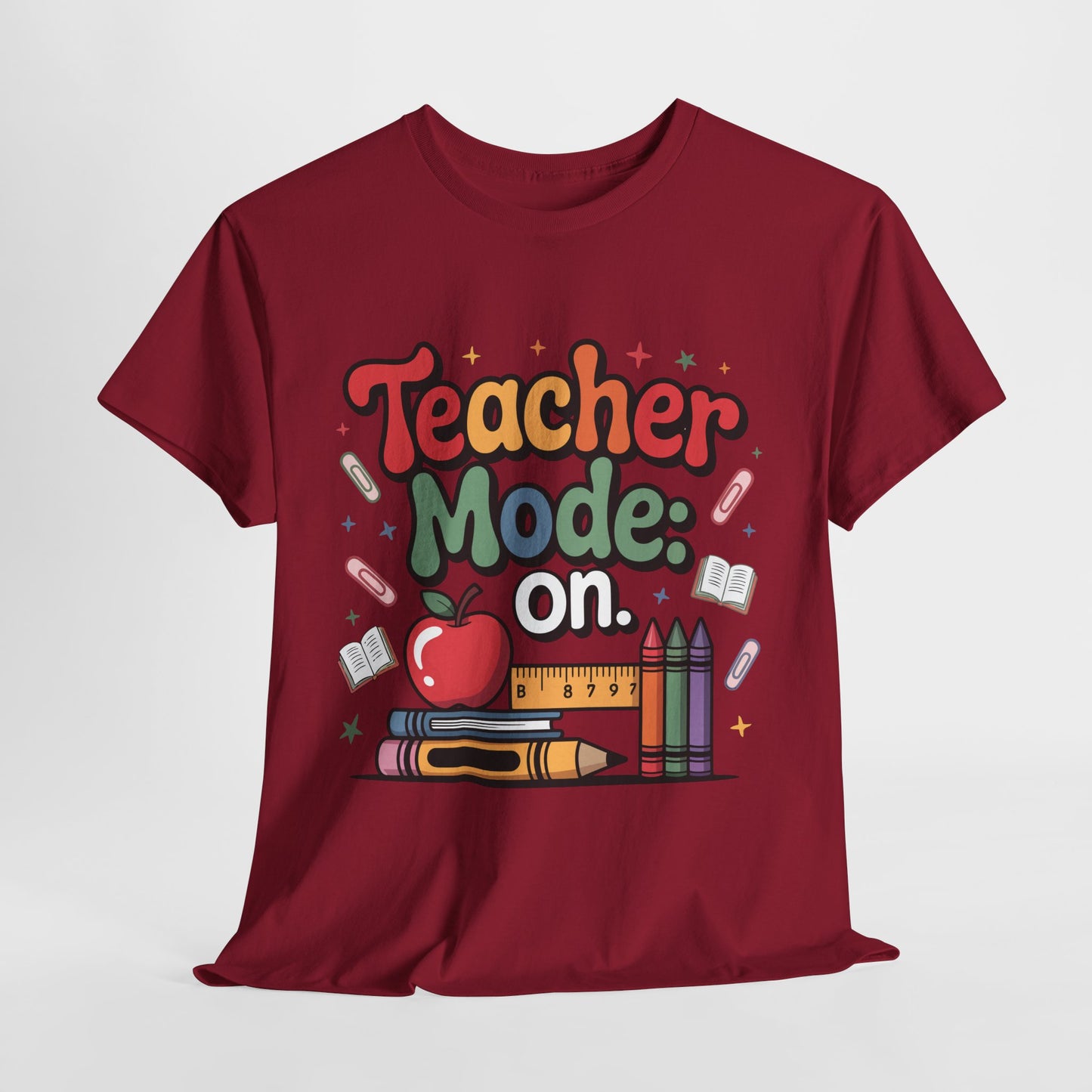 Teacher Mode On Shirt - Cute Back to School Tee with Crayons, Books & Apple, Positive Teacher Gift for Classroom Heroes
