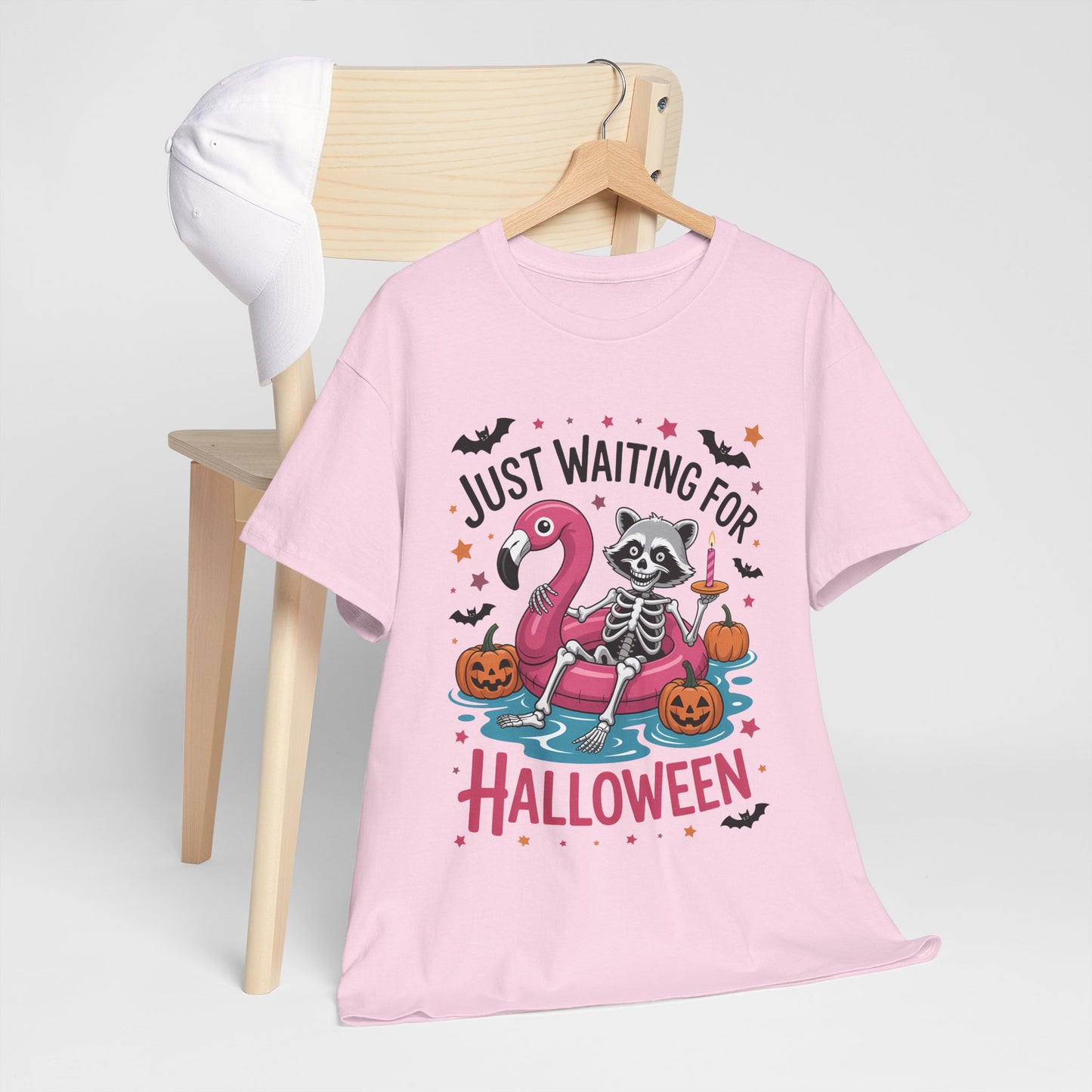 Just Waiting for Halloween T-Shirt - Raccoon Skeleton Flamingo Tee