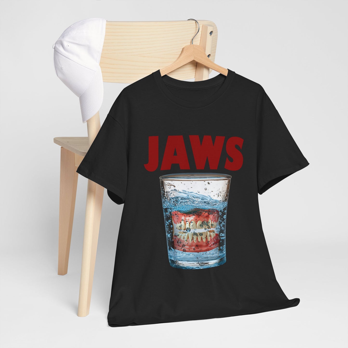JAWS Parody - Funny Denture in Water Glass T-Shirt for Movie & Humor Fans