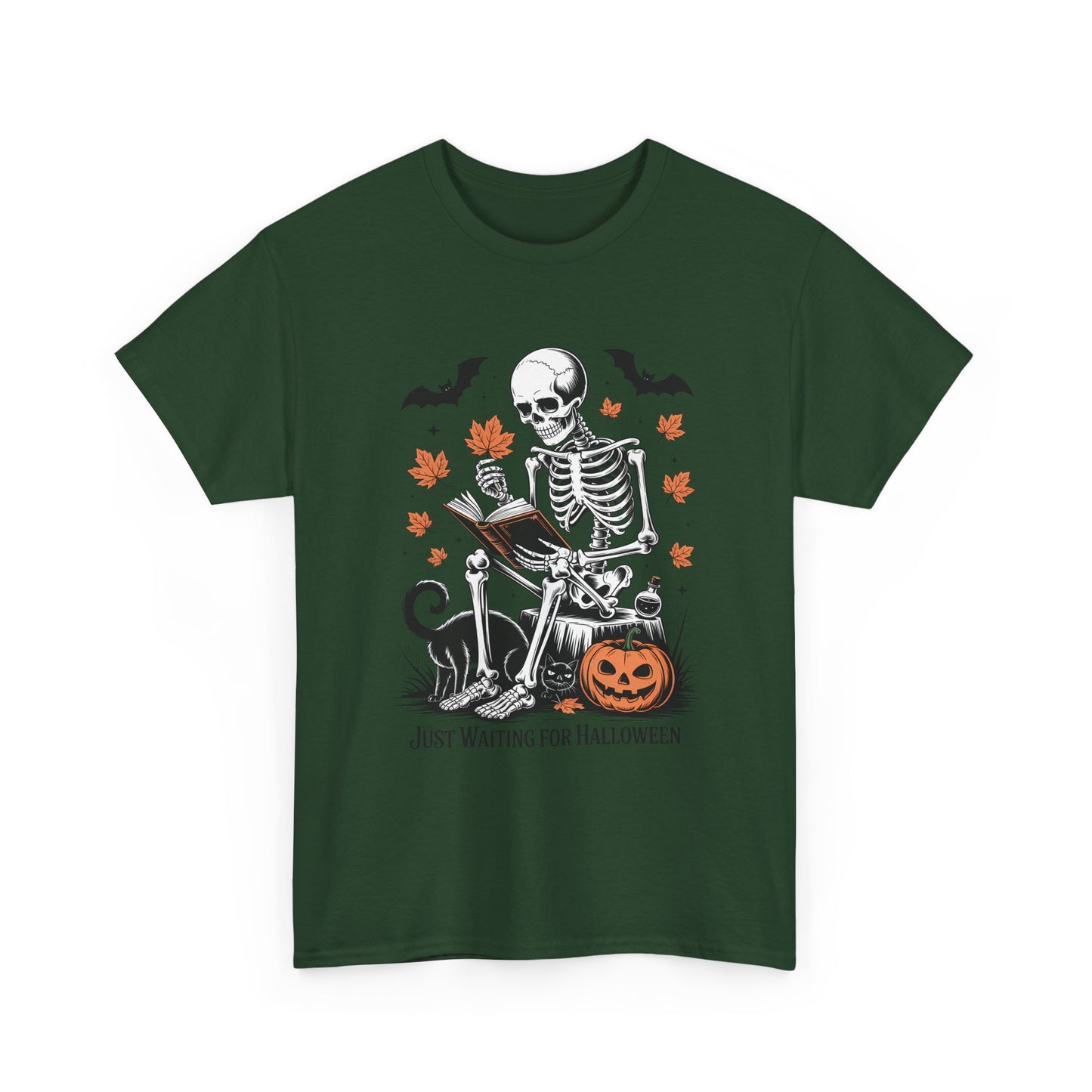Just Waiting for Halloween T-Shirt - Cozy Spooky Skeleton Reading Tee
