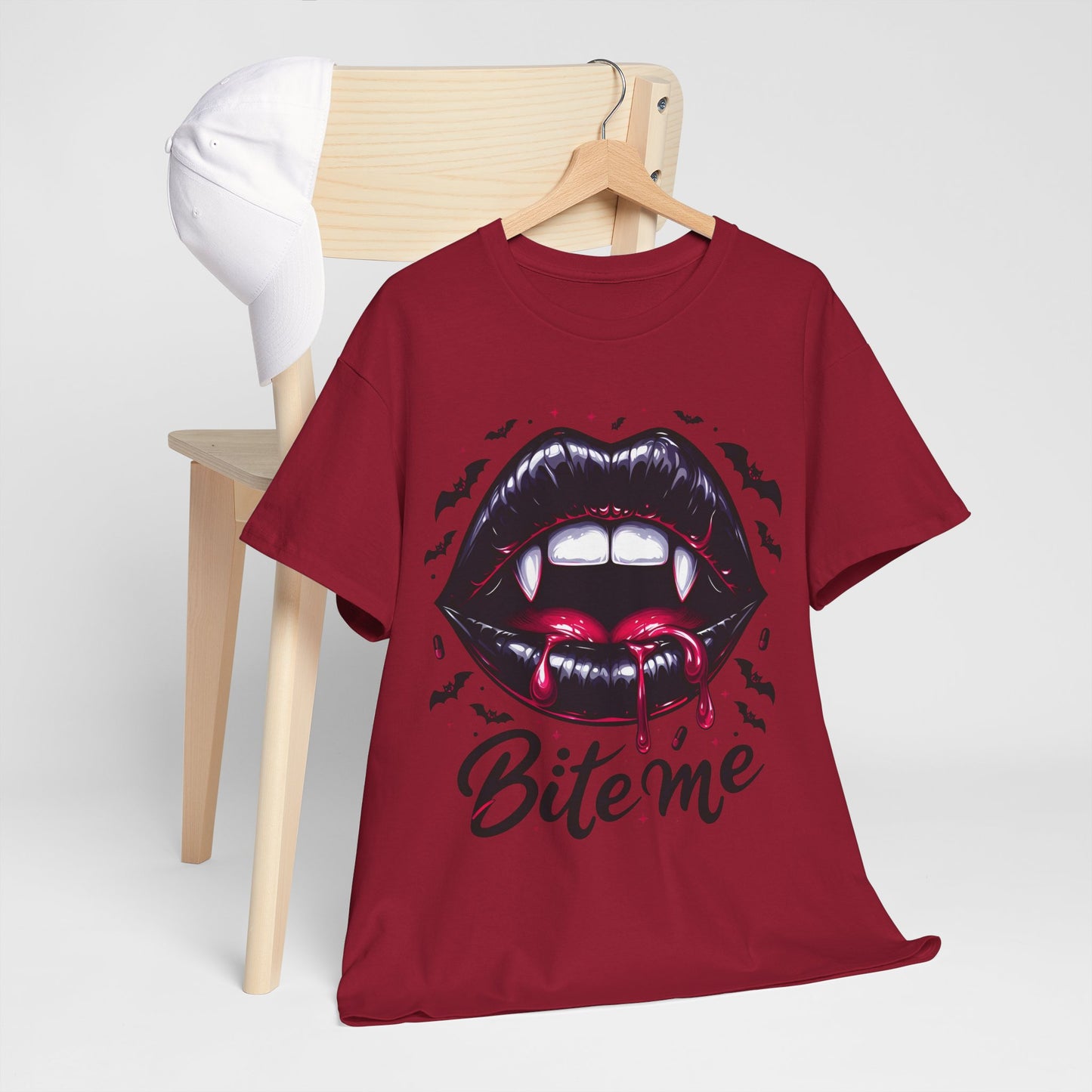 Bite Me Vampire Lips T-Shirt - Gothic Fangs & Bats Halloween Tee