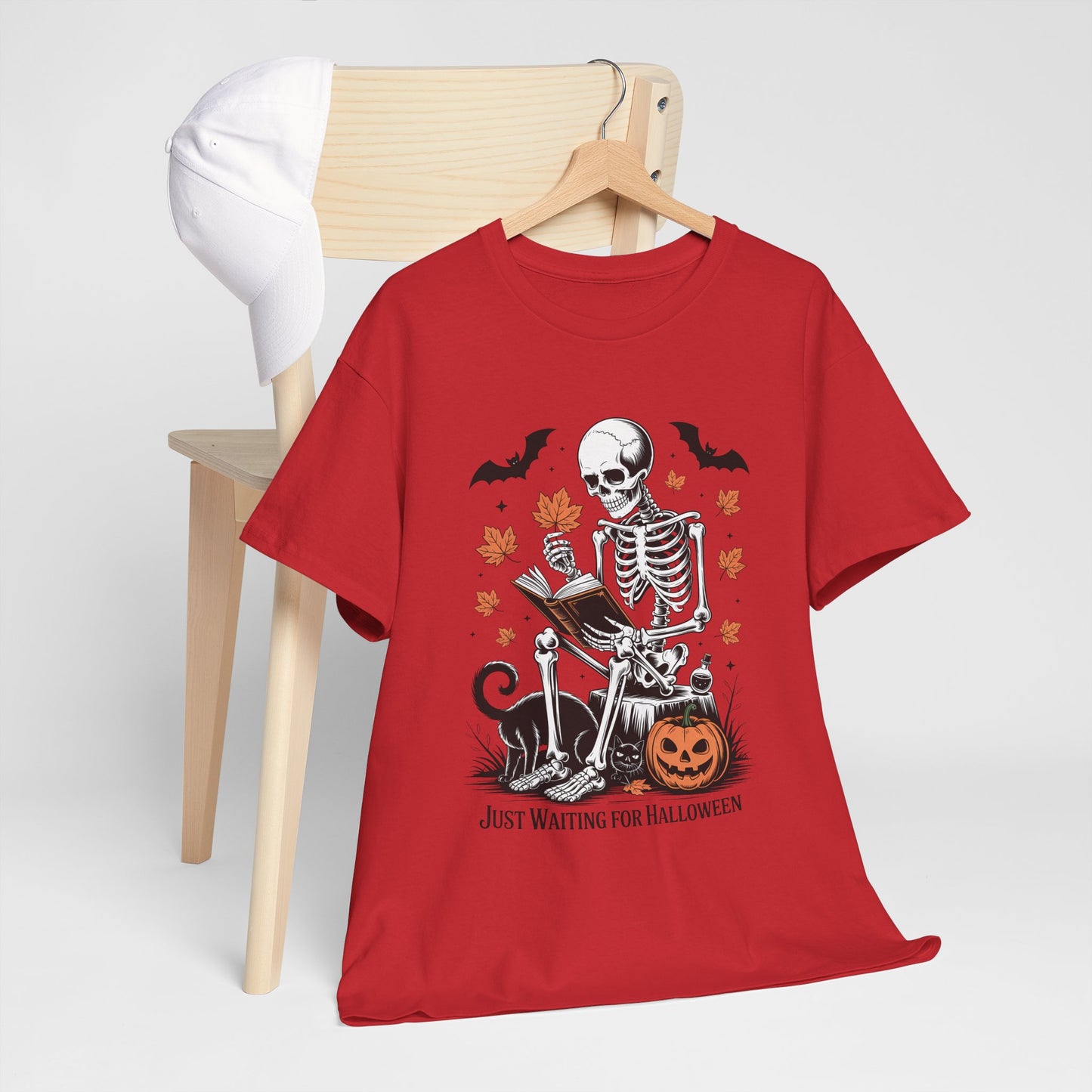 Just Waiting for Halloween T-Shirt - Cozy Spooky Reading Skeleton Tee