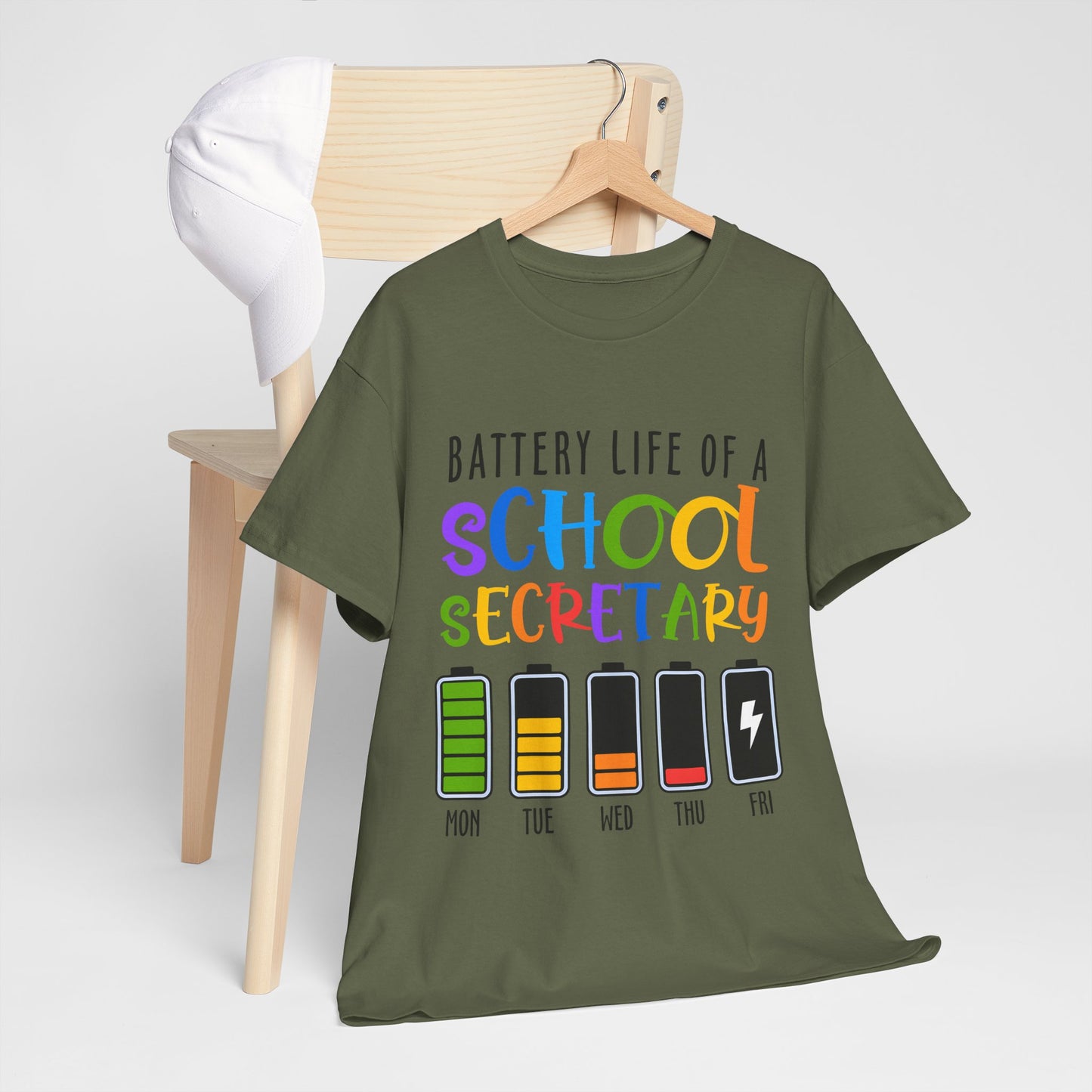 School Secretary Battery Shirt - Funny Rainbow Staff Tee for School Office Life, End of Year Exhaustion Gift for Secretaries