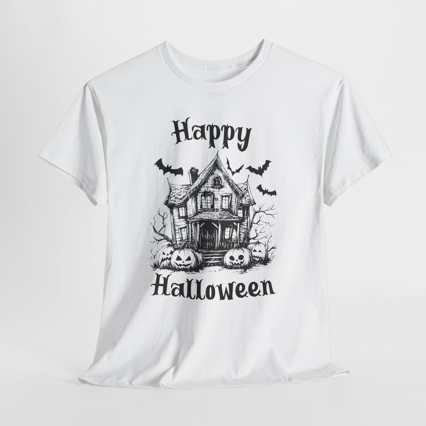 Vintage Haunted House Halloween T-Shirt - Gothic Pumpkins & Bats Tee