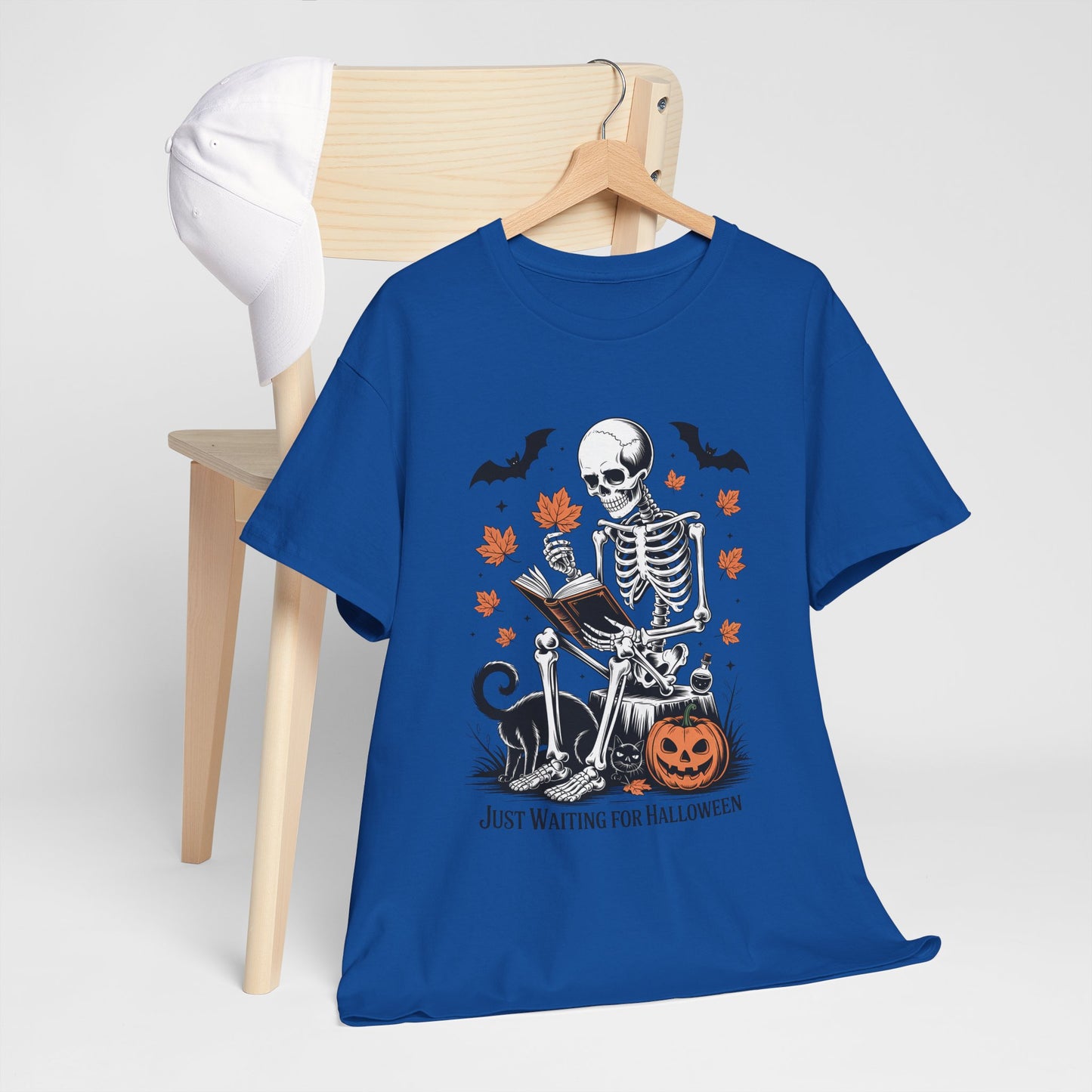 Just Waiting for Halloween T-Shirt - Cozy Spooky Skeleton Reading Tee