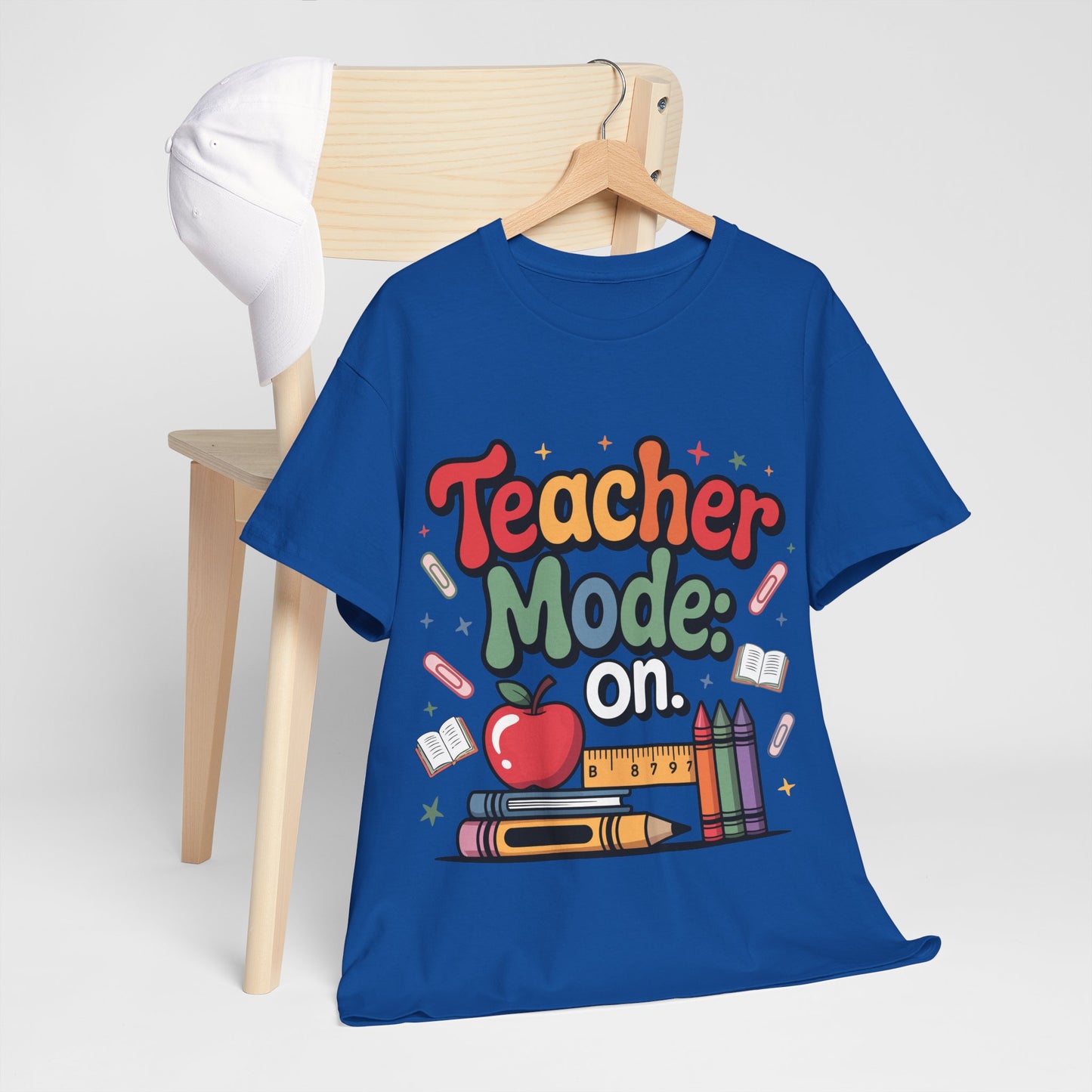 Teacher Mode On Shirt - Cute Back to School Tee with Crayons, Books & Apple, Positive Teacher Gift for Classroom Heroes