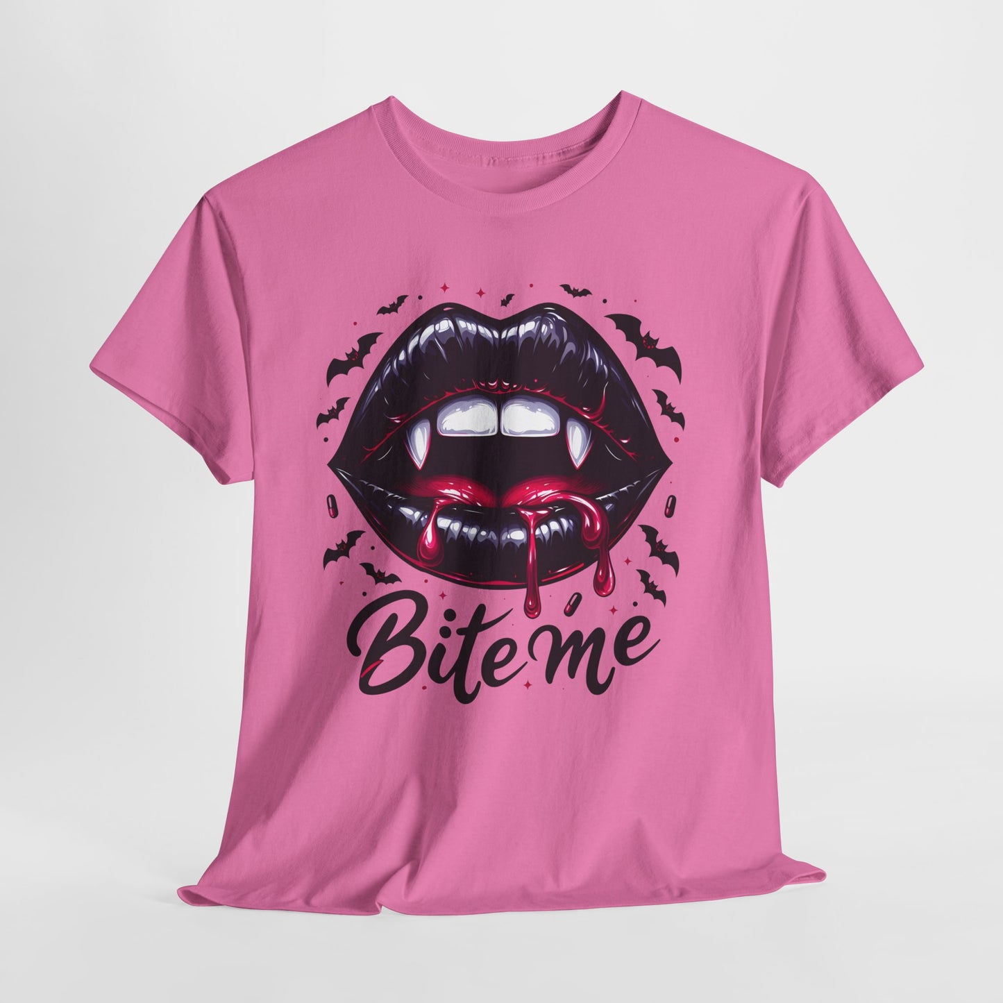 Bite Me Vampire Lips T-Shirt - Gothic Fangs & Bats Halloween Tee