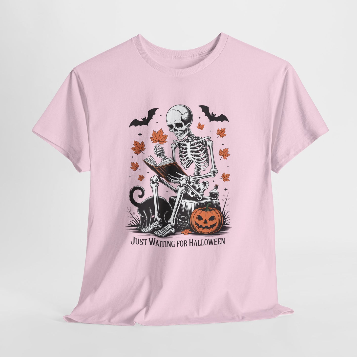 Just Waiting for Halloween T-Shirt - Cozy Spooky Skeleton Reading Tee