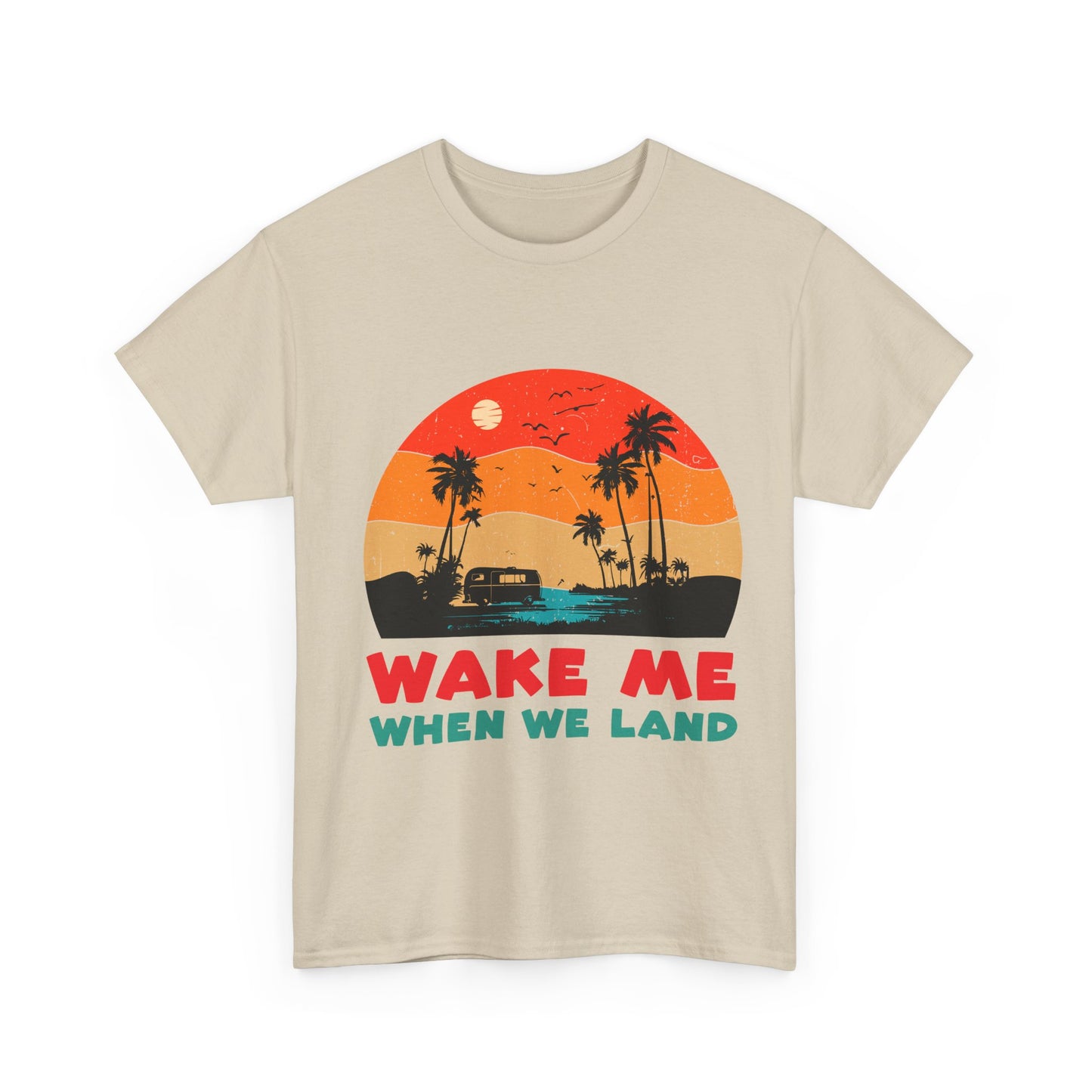Wake Me When We Land T-Shirt - Funny Jet Lag Travel Retro Sunset Tee