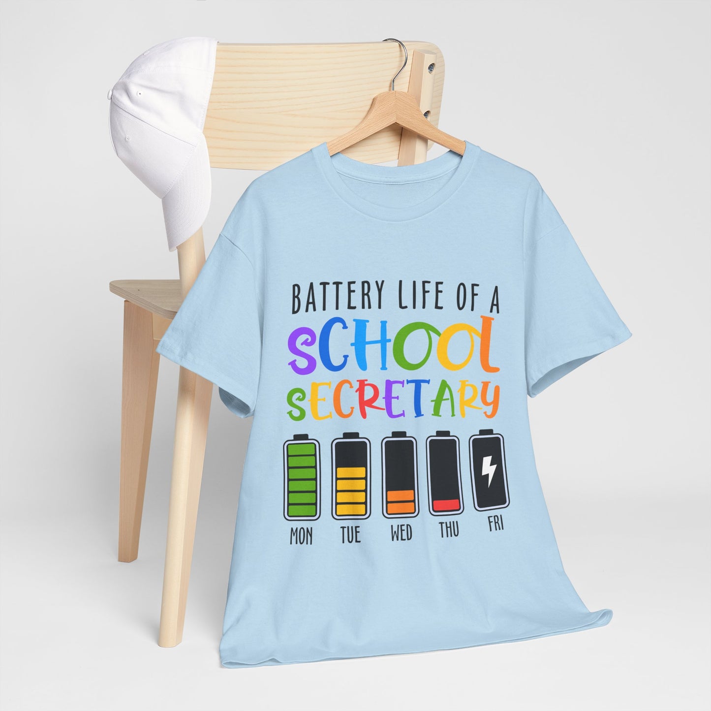 School Secretary Battery Shirt - Funny Rainbow Staff Tee for School Office Life, End of Year Exhaustion Gift for Secretaries