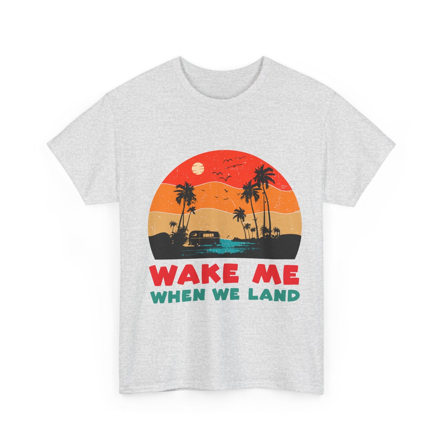 Wake Me When We Land T-Shirt - Funny Jet Lag Travel Retro Sunset Tee