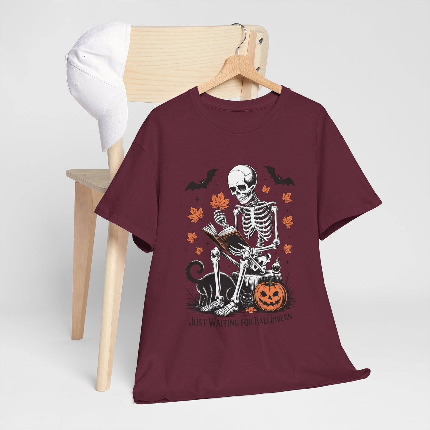 Just Waiting for Halloween T-Shirt - Cozy Spooky Skeleton Reading Tee