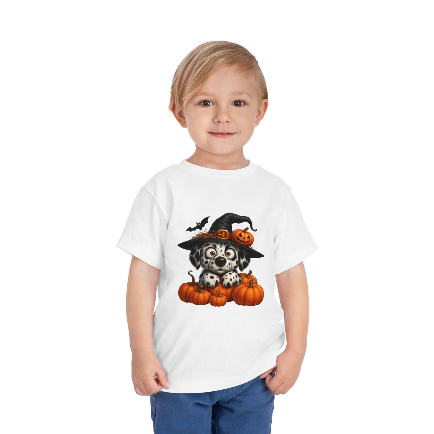 Cute Halloween Puppy Kids T-Shirt - Witch Hat & Pumpkins Toddler Tee