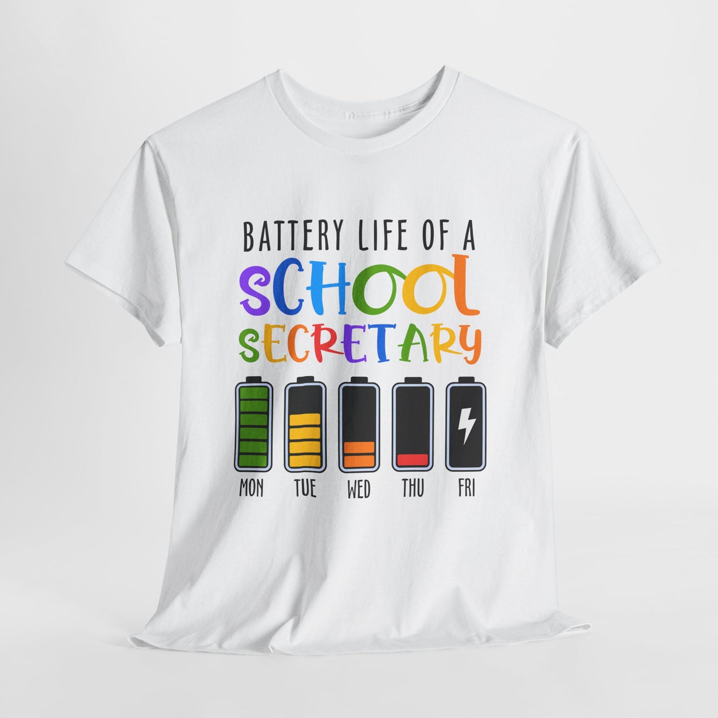 School Secretary Battery Shirt - Funny Rainbow Staff Tee for School Office Life, End of Year Exhaustion Gift for Secretaries