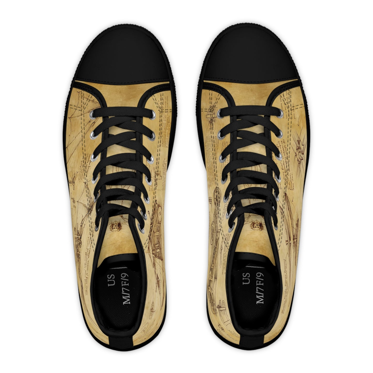 Da Vinci Sketch Damen-Sneaker mit hohem Schaft – Vintage-Pergament-Blaupausen-Schuhe