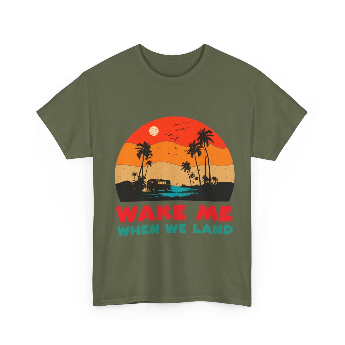 Wake Me When We Land T-Shirt - Funny Jet Lag Travel Retro Sunset Tee