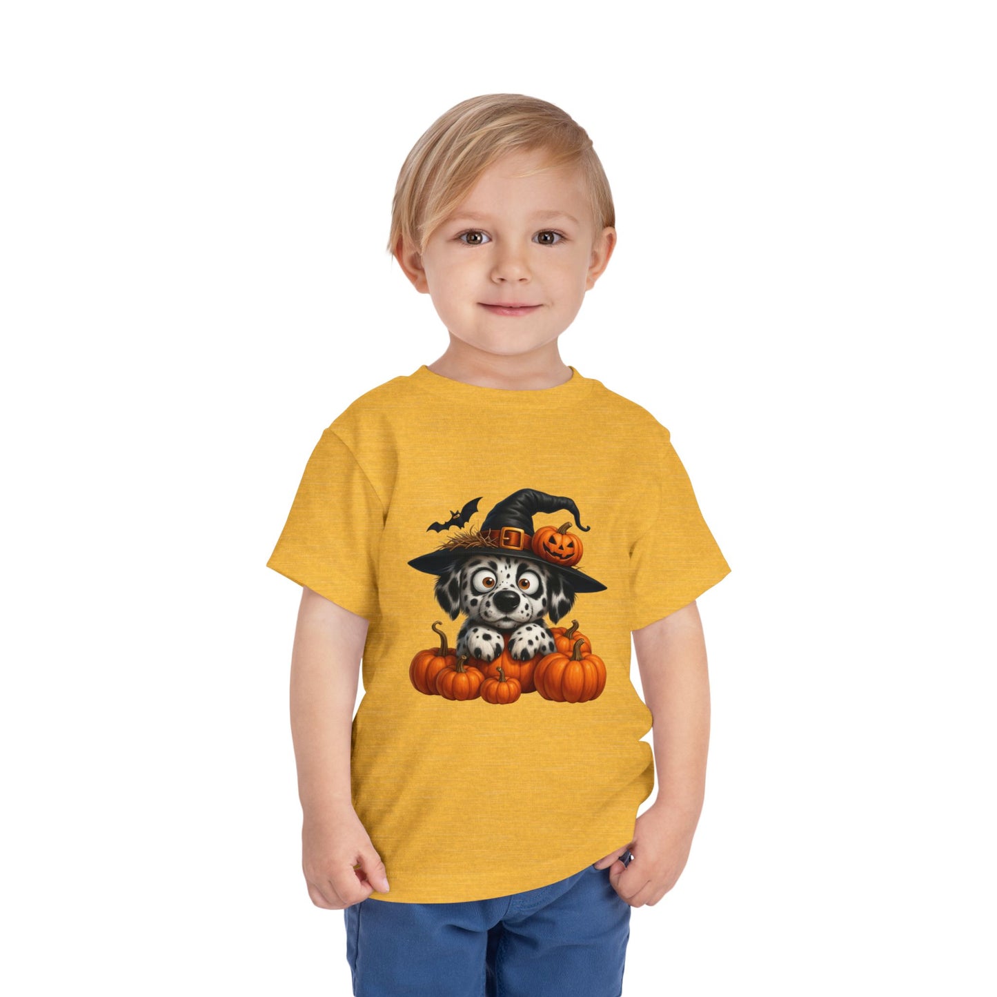 Cute Halloween Puppy Kids T-Shirt - Witch Hat & Pumpkins Toddler Tee