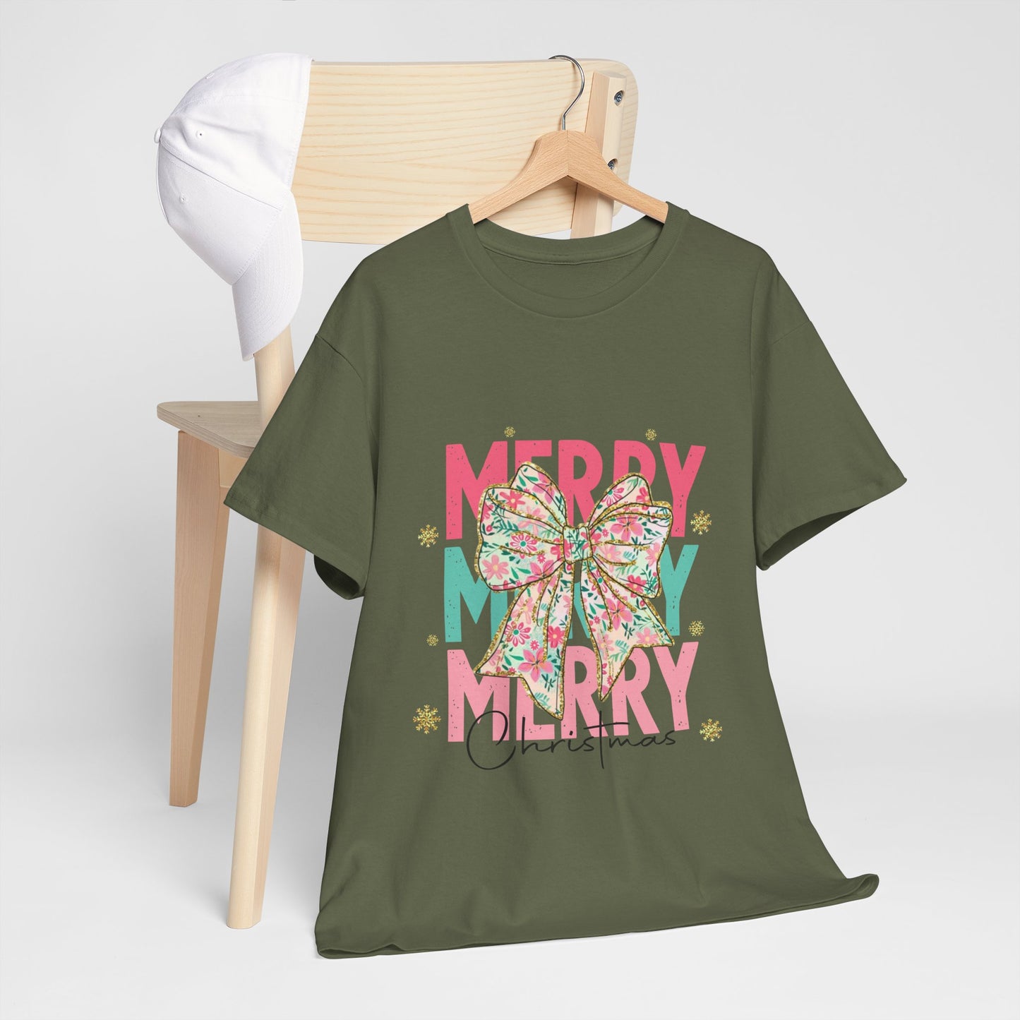 Merry Merry Merry Christmas T-Shirt - Floral Bow Pastel Tee