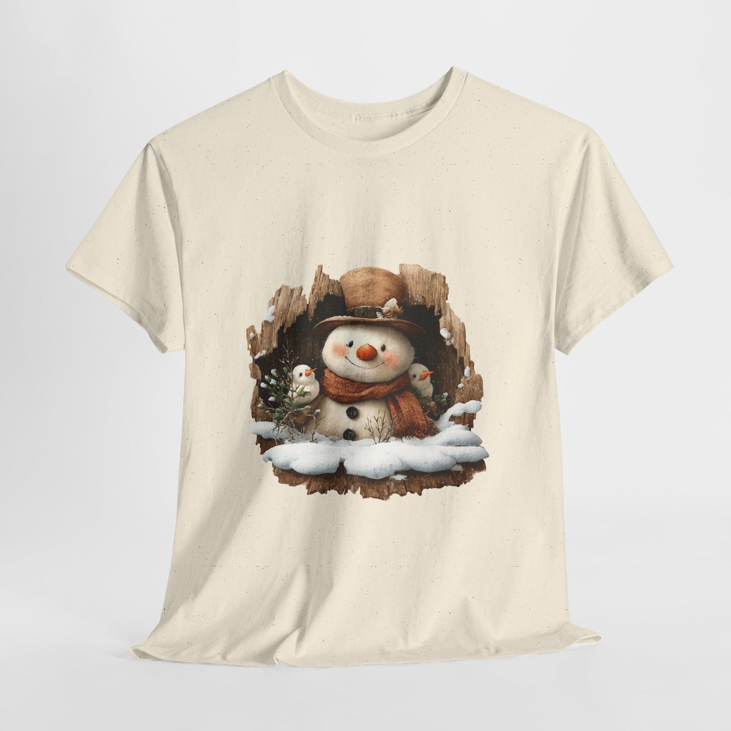 Woodland Snowman with Birds Christmas T-Shirt - Rustic Tree Hollow Snowman