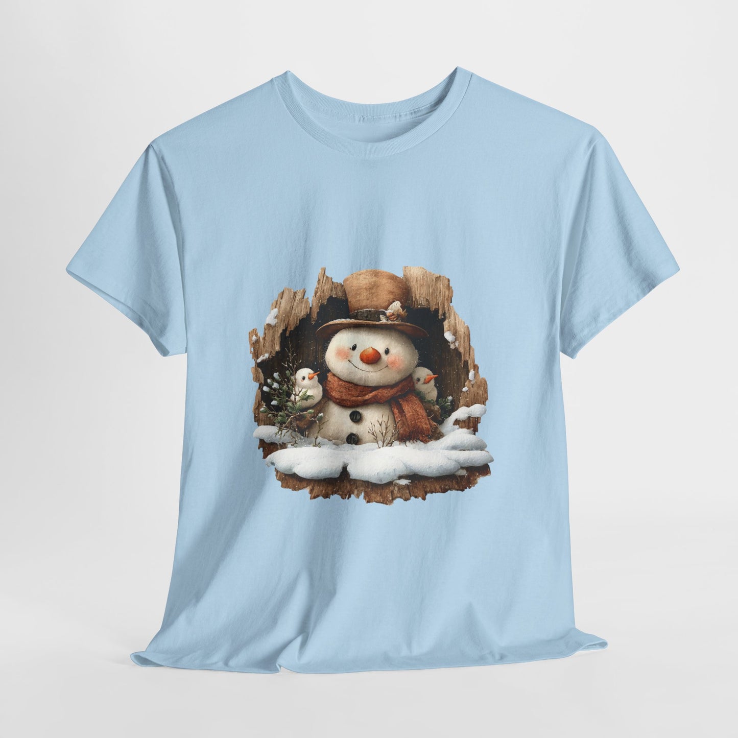 Woodland Snowman with Birds Christmas T-Shirt - Rustic Tree Hollow Snowman