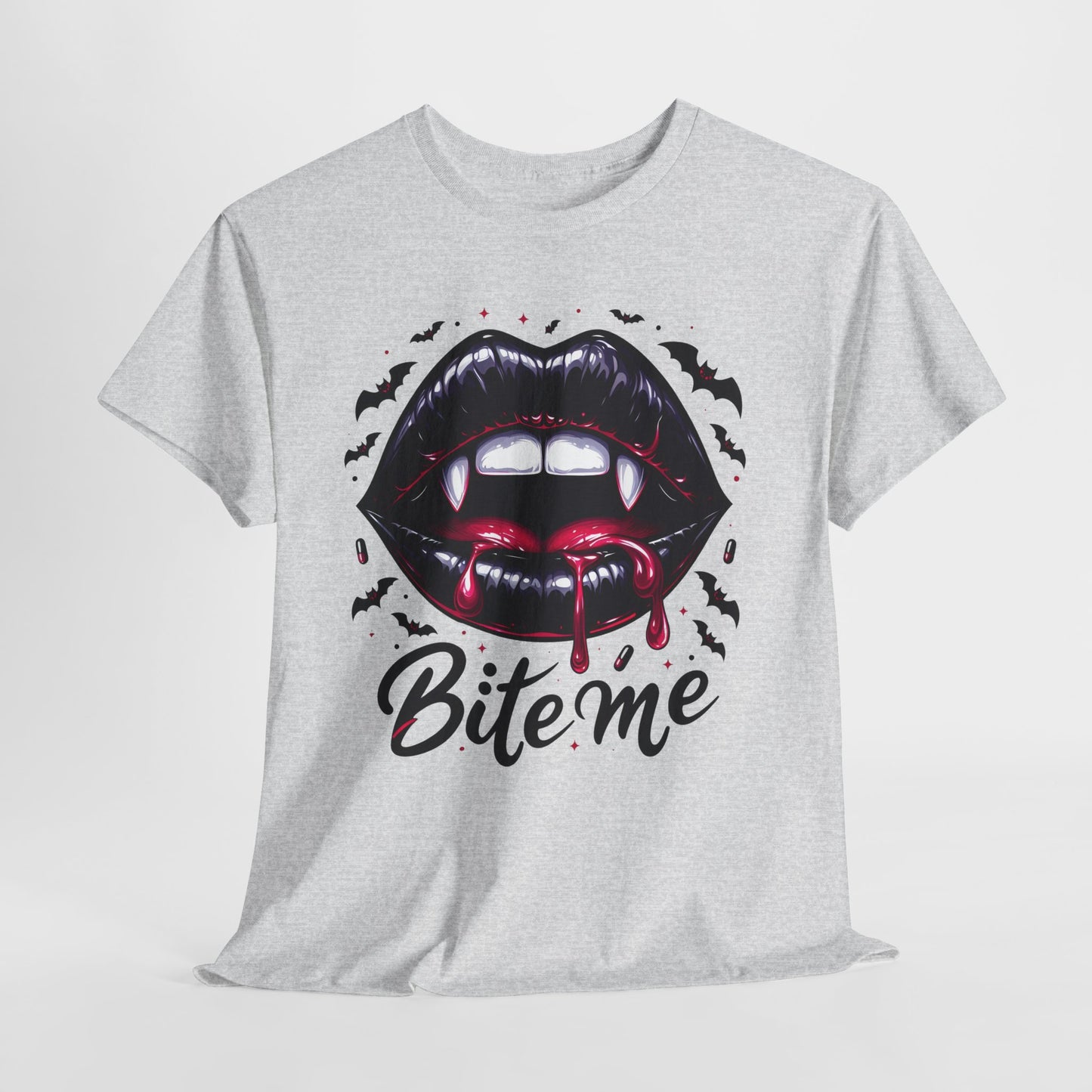 Bite Me Vampire Lips T-Shirt - Gothic Fangs & Bats Halloween Tee