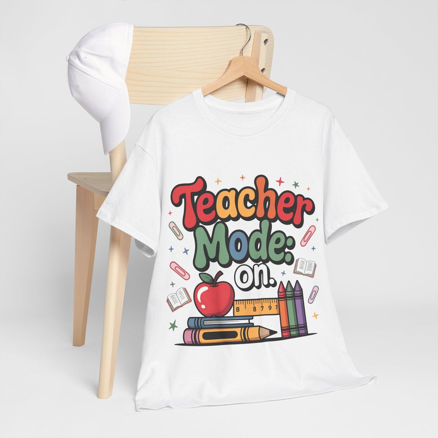 Teacher Mode On Shirt - Cute Back to School Tee with Crayons, Books & Apple, Positive Teacher Gift for Classroom Heroes