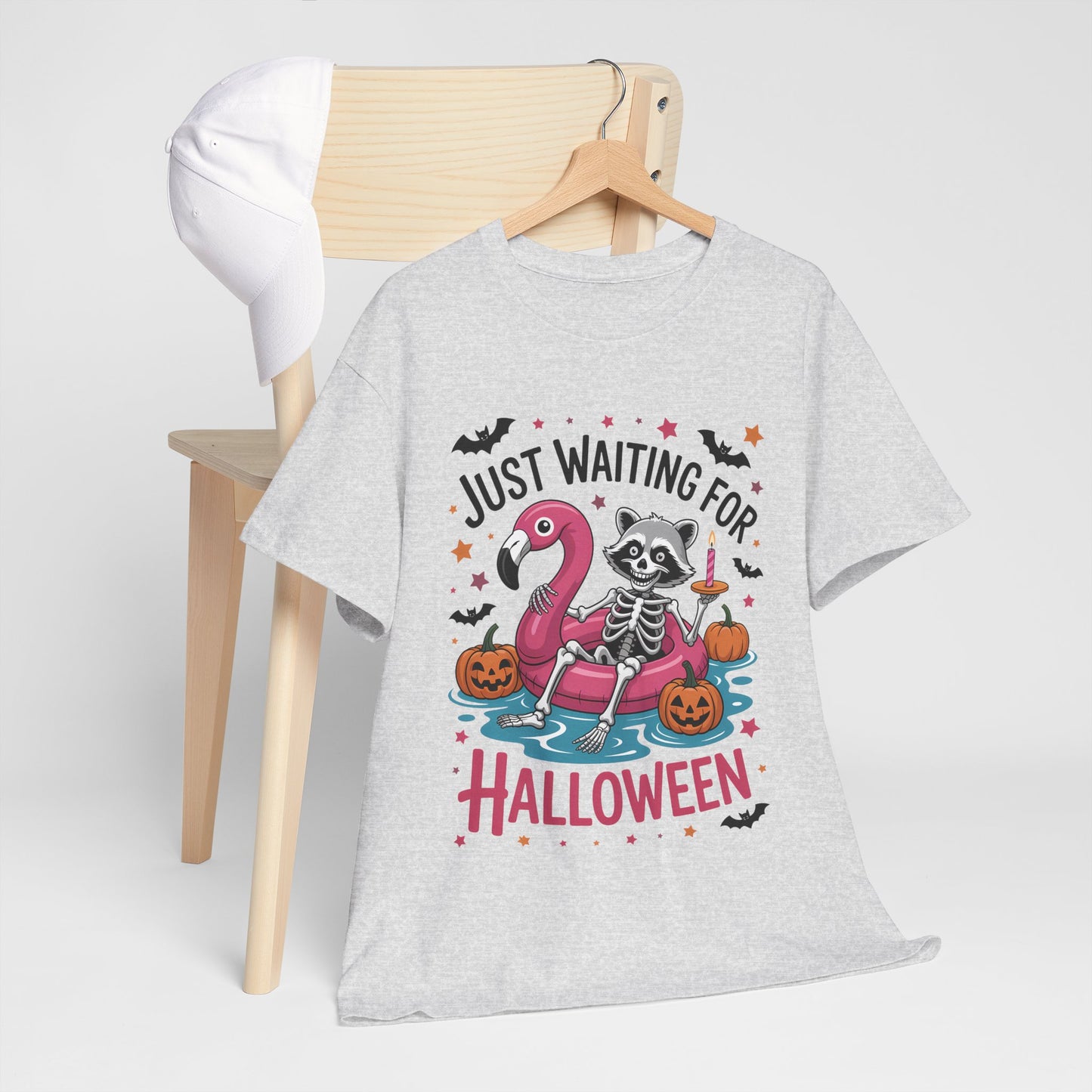 Just Waiting for Halloween T-Shirt - Raccoon Skeleton Flamingo Tee
