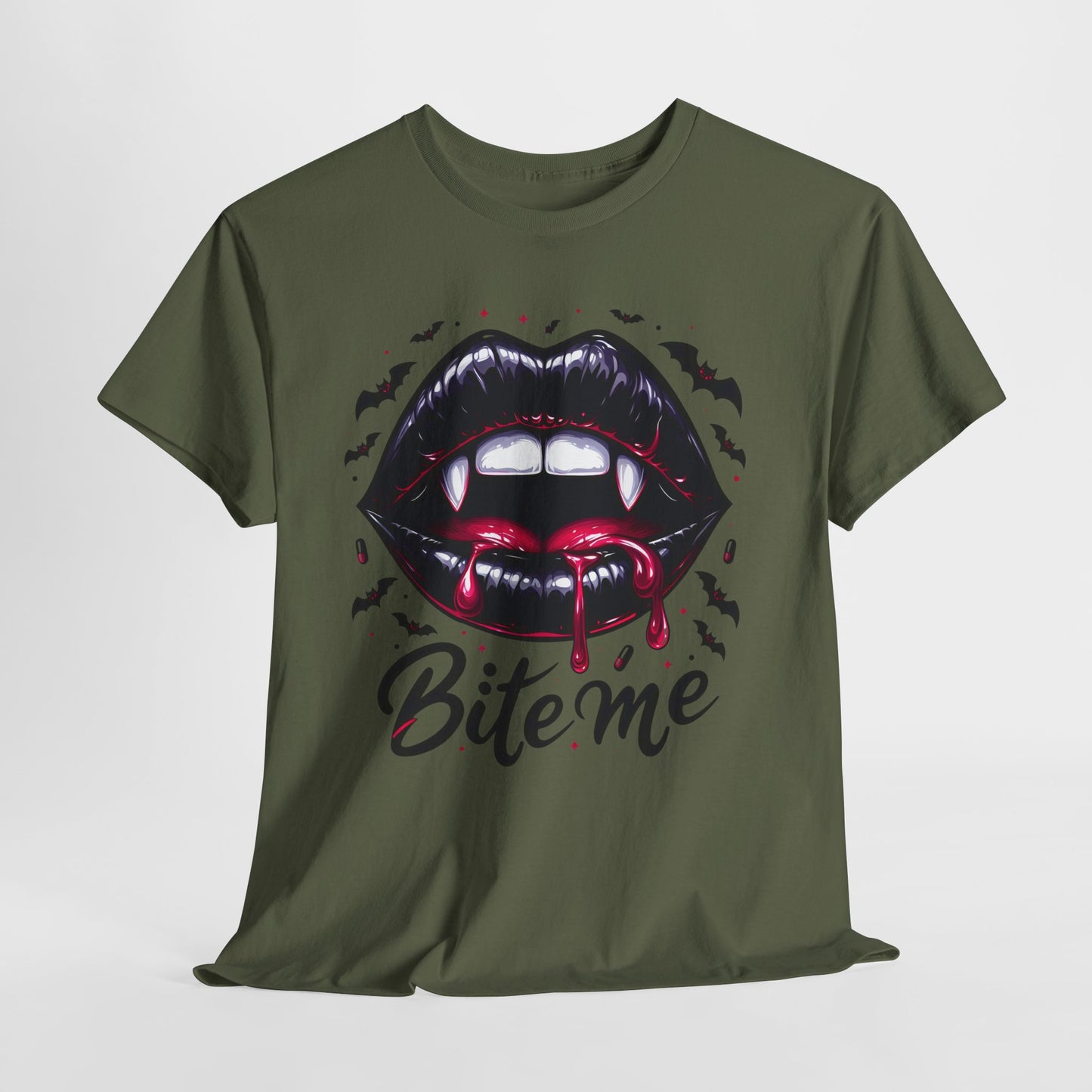 Bite Me Vampire Lips T-Shirt - Gothic Fangs & Bats Halloween Tee