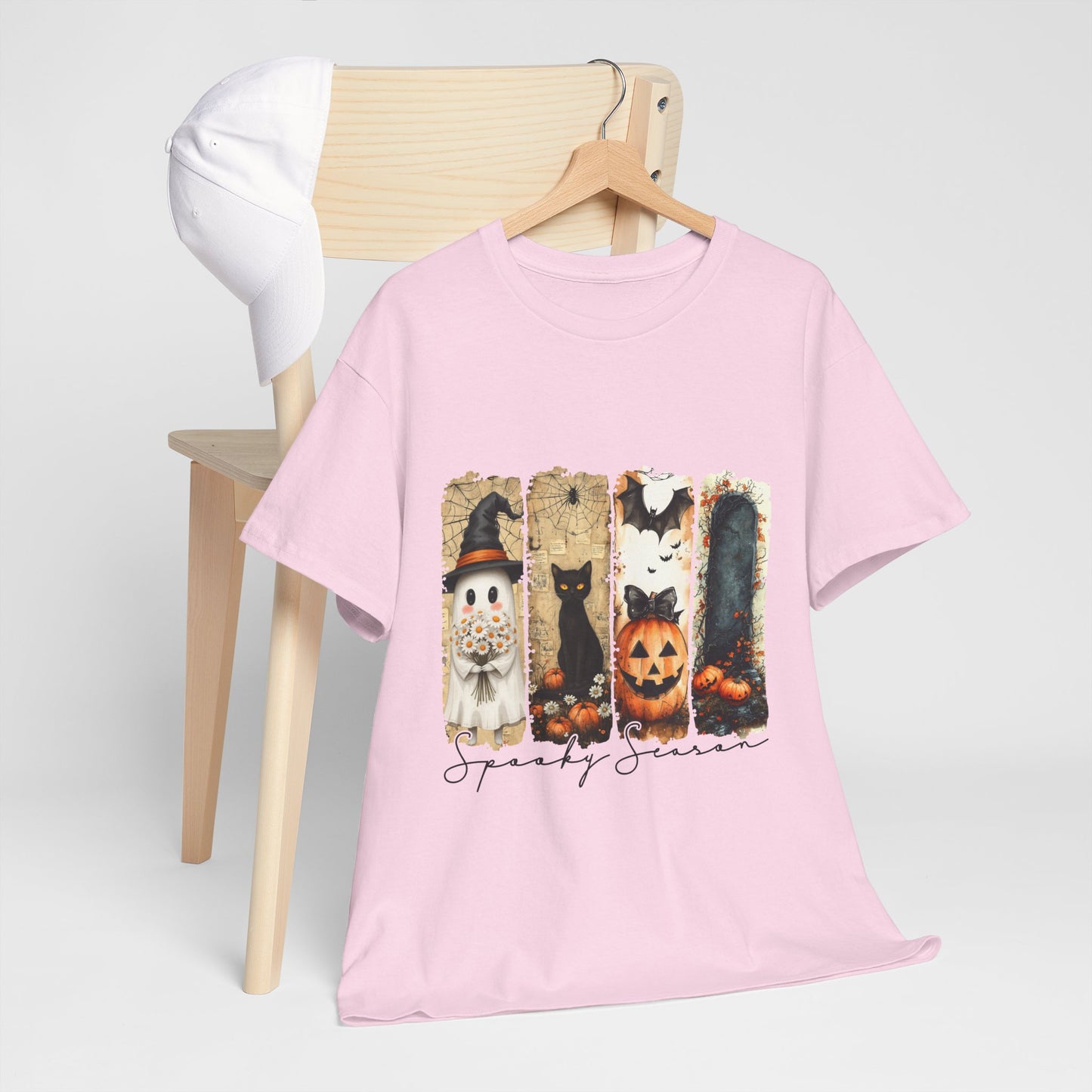 Spooky Season Panels Halloween T-Shirt with Ghost, Black Cat, Jack-O-Lantern & Bats