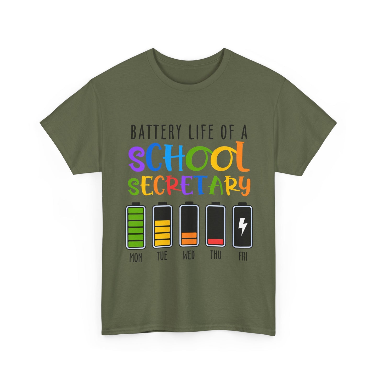 School Secretary Battery Shirt - Funny Rainbow Staff Tee for School Office Life, End of Year Exhaustion Gift for Secretaries