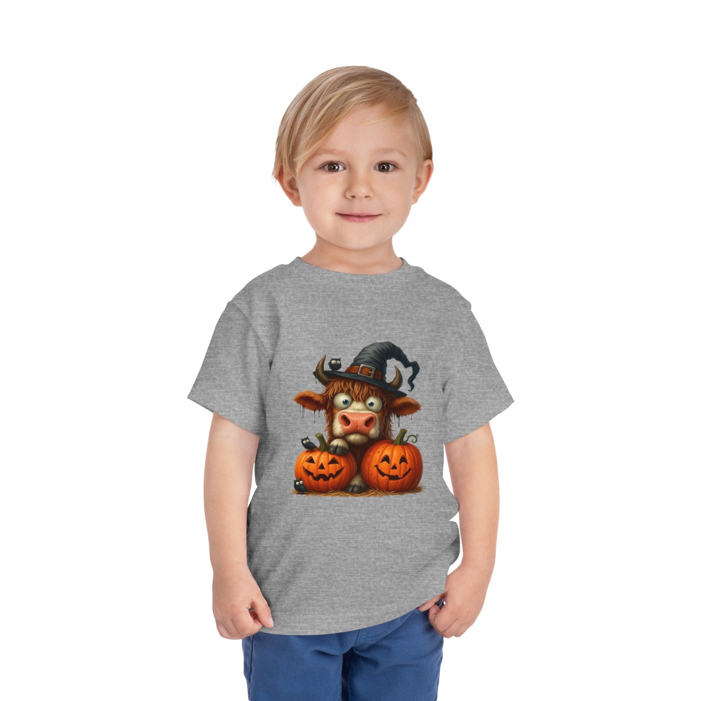 Cute Highland Cow Kids T-Shirt - Witch Hat & Pumpkins Toddler Tee